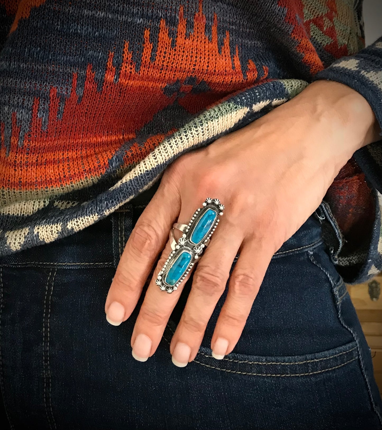 Double Blue Turquoise Navajo Native American Sterling Silver Ring Size 10 Signed - RB