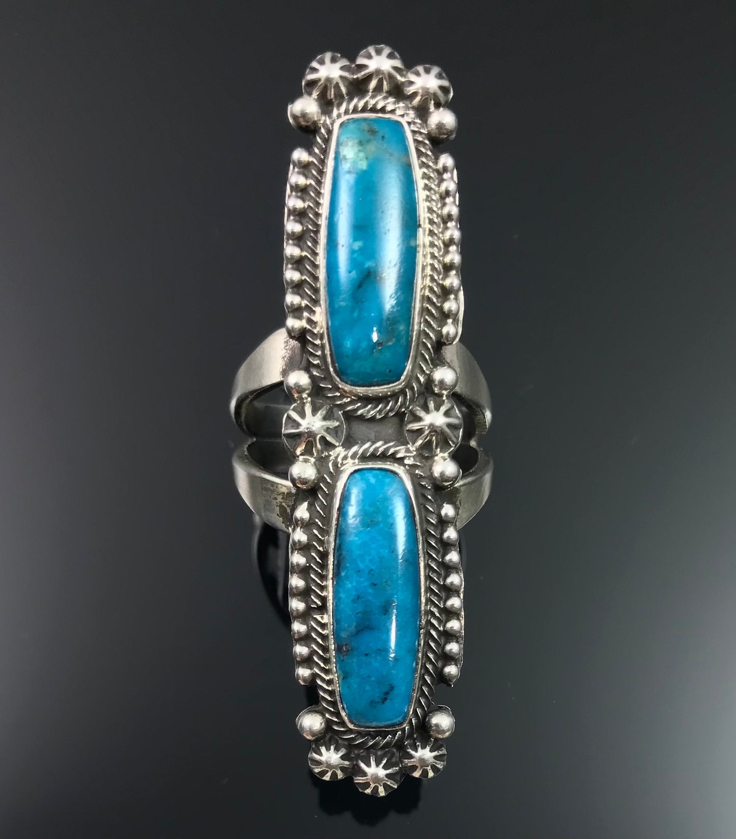 Double Blue Turquoise Navajo Native American Sterling Silver Ring Size 10 Signed - RB