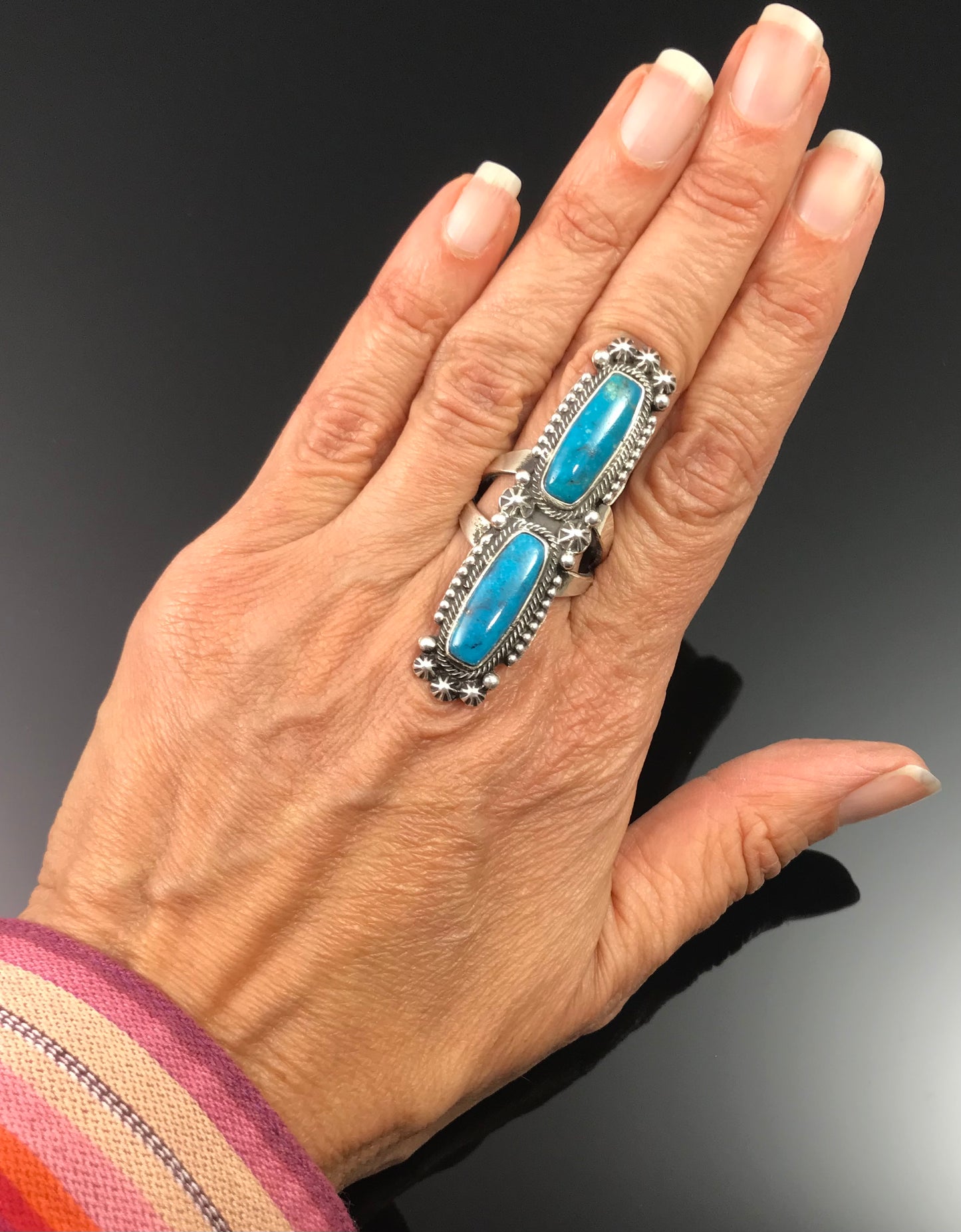 Double Blue Turquoise Navajo Native American Sterling Silver Ring Size 10 Signed - RB