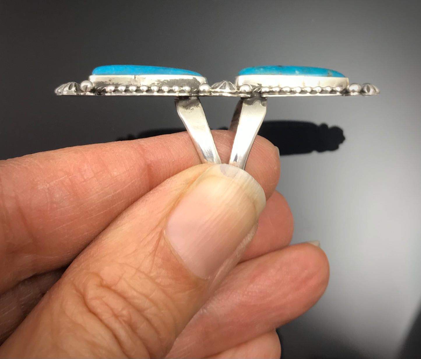Double Blue Turquoise Navajo Native American Sterling Silver Ring Size 10 Signed - RB