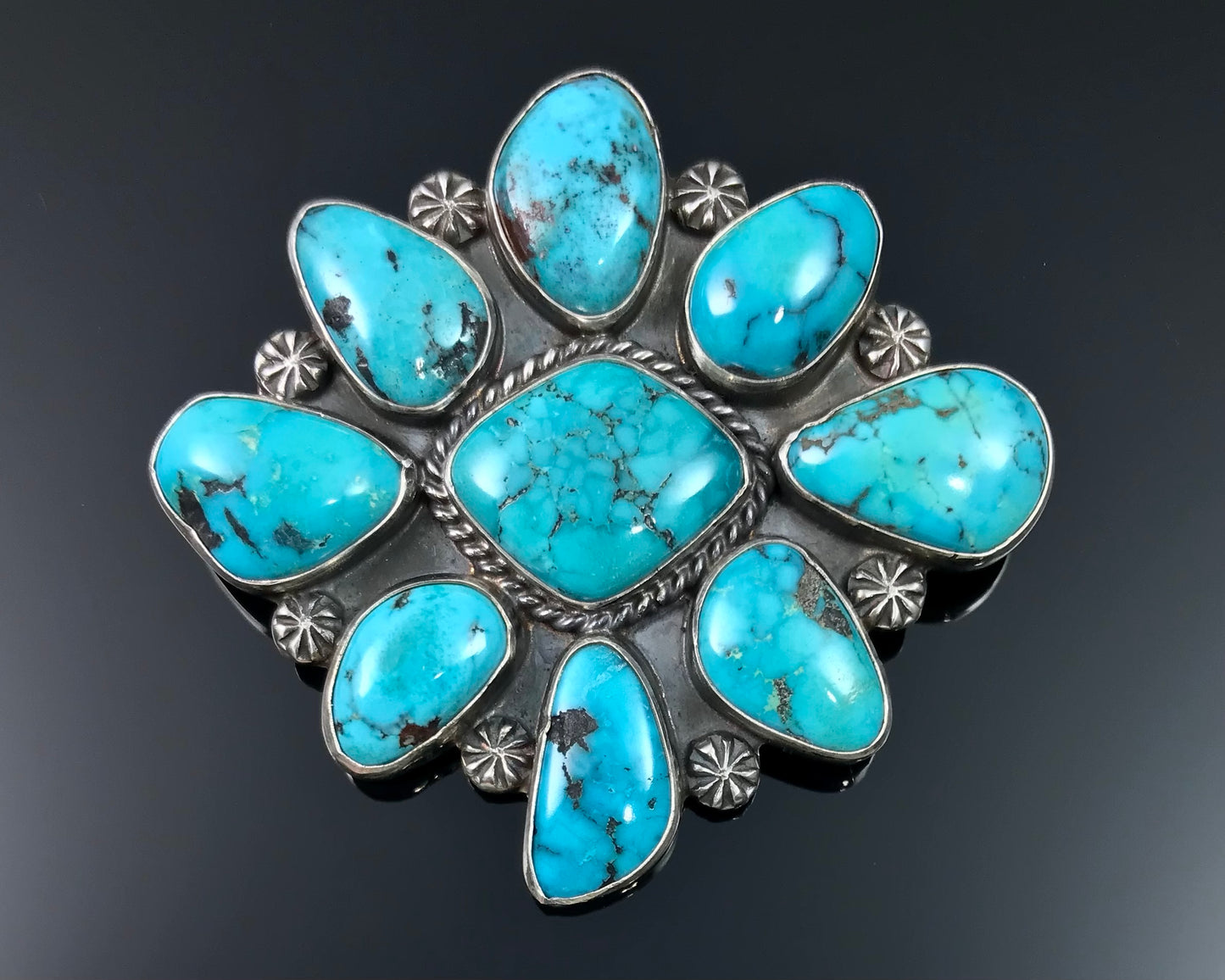 Large Kingman Turquoise Cluster Pin Pendant Necklace Native American Navajo Sterling Silver Signed - Arnold Goodluck