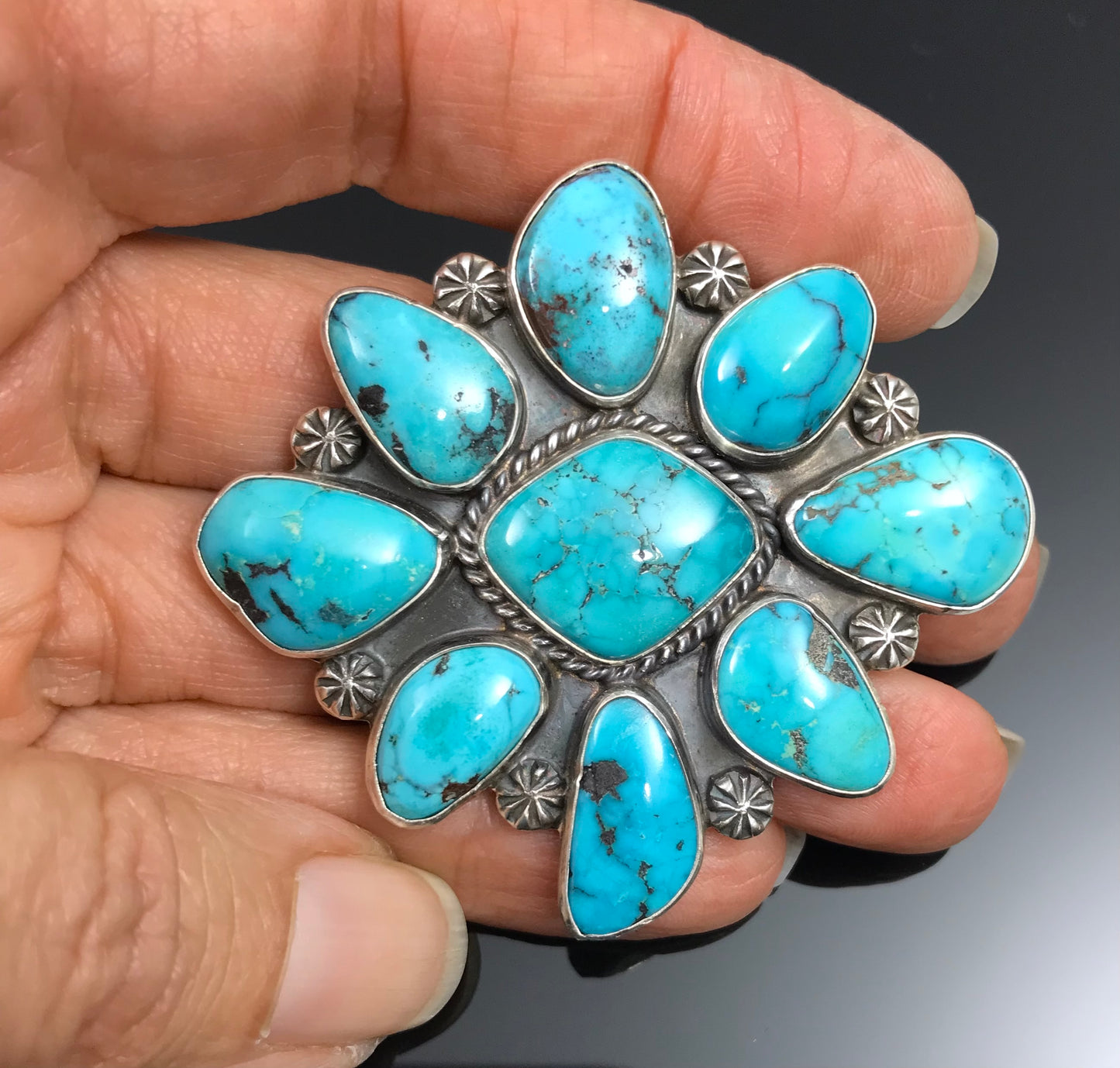 Large Kingman Turquoise Cluster Pin Pendant Necklace Native American Navajo Sterling Silver Signed - Arnold Goodluck