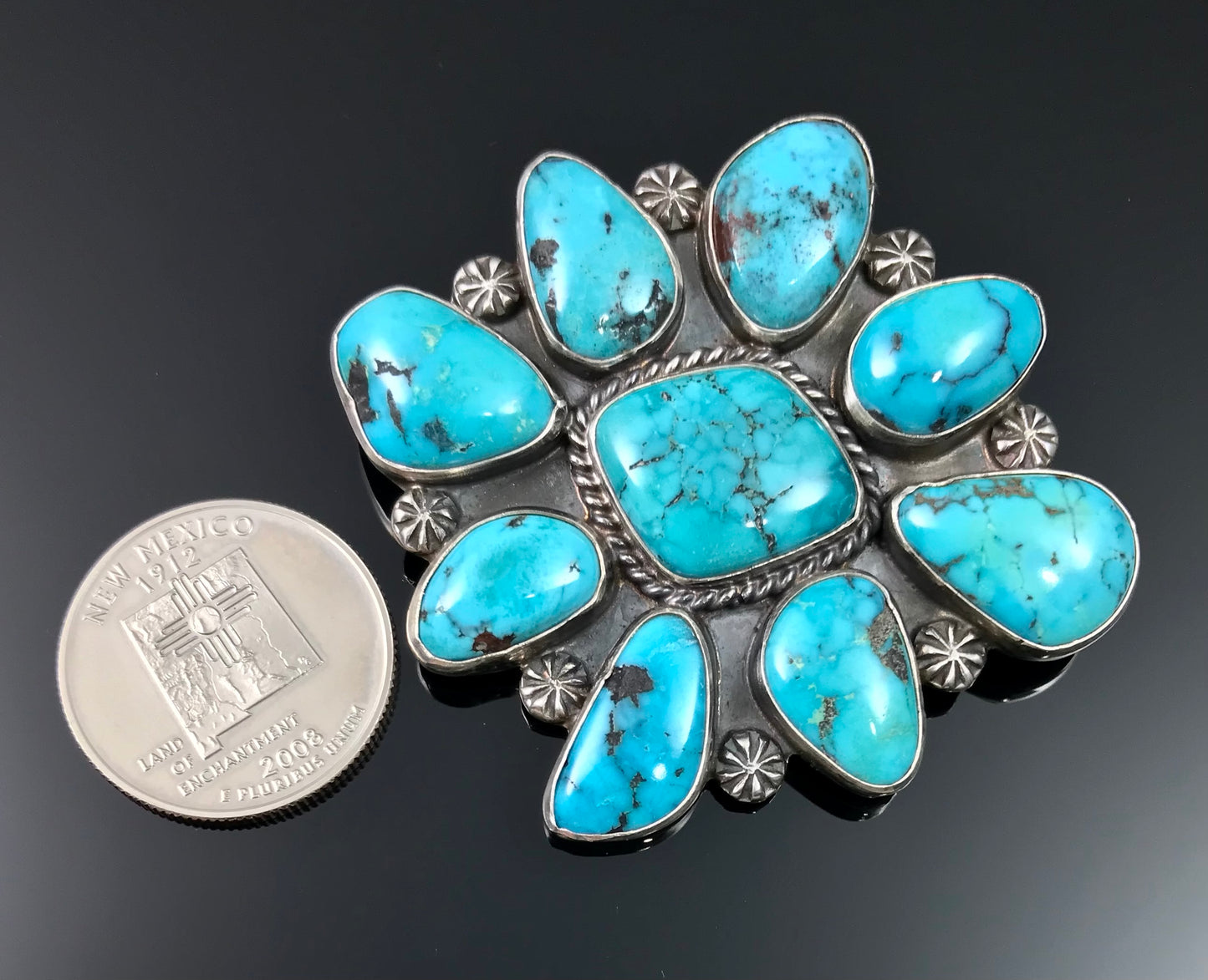 Large Kingman Turquoise Cluster Pin Pendant Necklace Native American Navajo Sterling Silver Signed - Arnold Goodluck