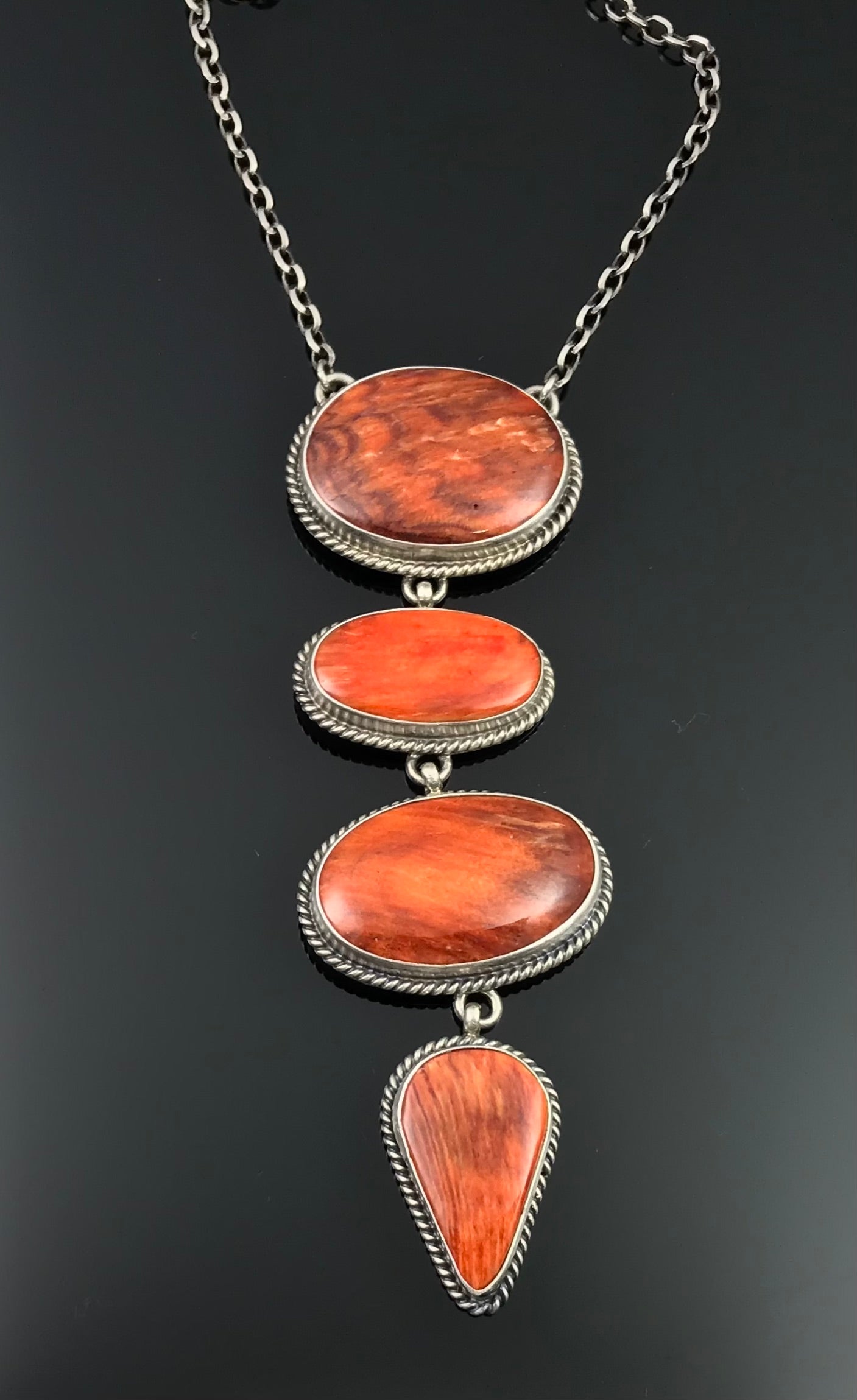 Red Spiny Oyster Lariat Necklace Navajo Native American Sterling Silver Signed - Wydell Billie