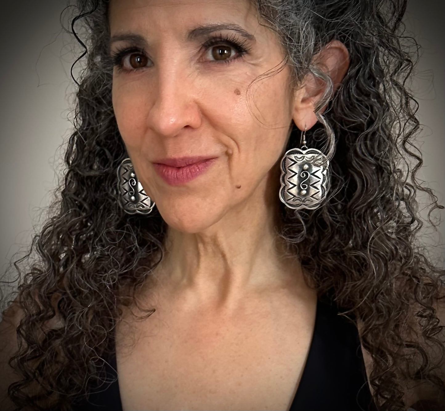 Stamped Concho Earrings Navajo Native American Sterling Silver Signed - Chimney Butte