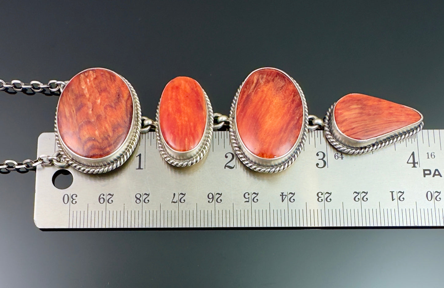 Red Spiny Oyster Lariat Necklace Navajo Native American Sterling Silver Signed - Wydell Billie