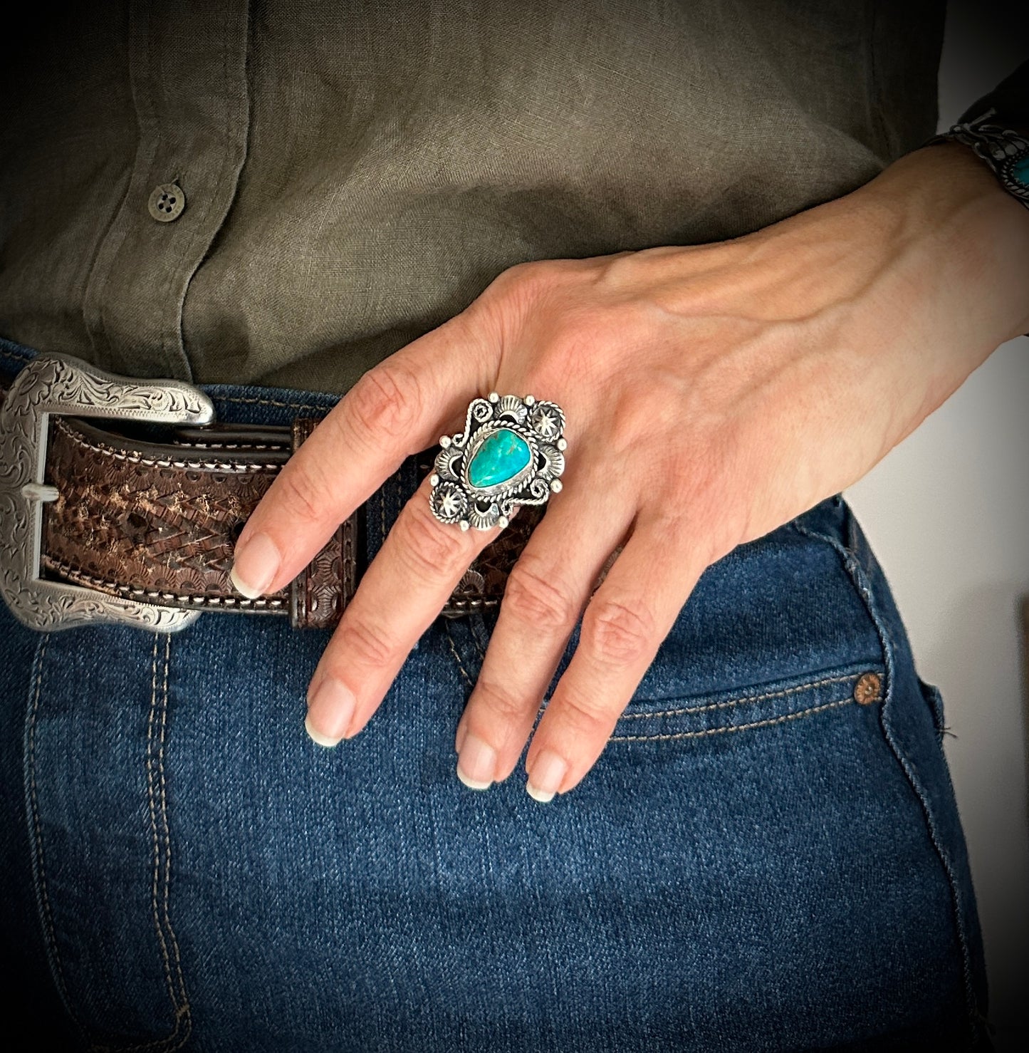 Pilot Mountain Turquoise Navajo Native American Silver Ring Size Signed - Larry Kaye