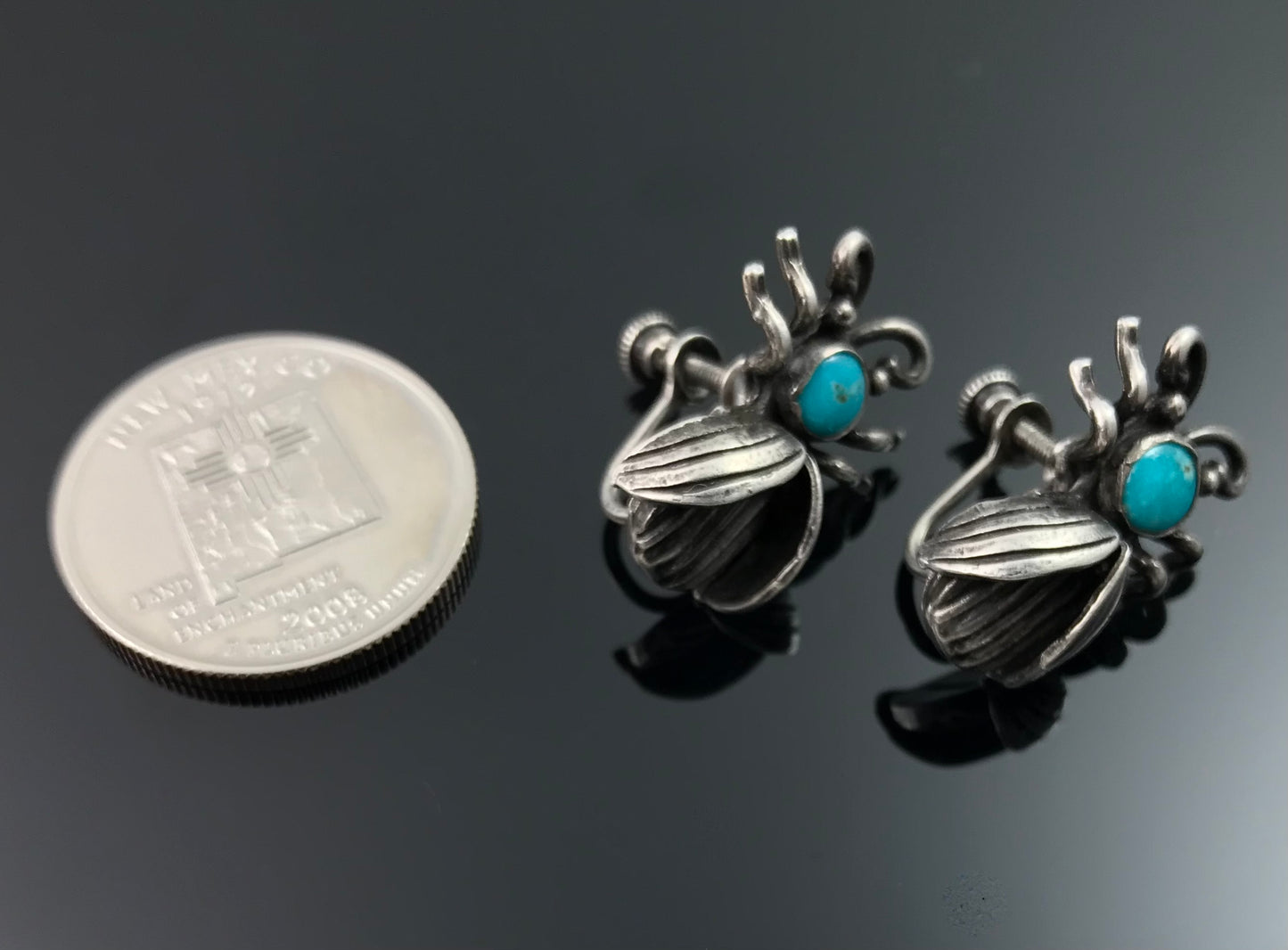 Fred Harvey Era Bug Screw Back Earrings Native American Navajo Turquoise - Vintage