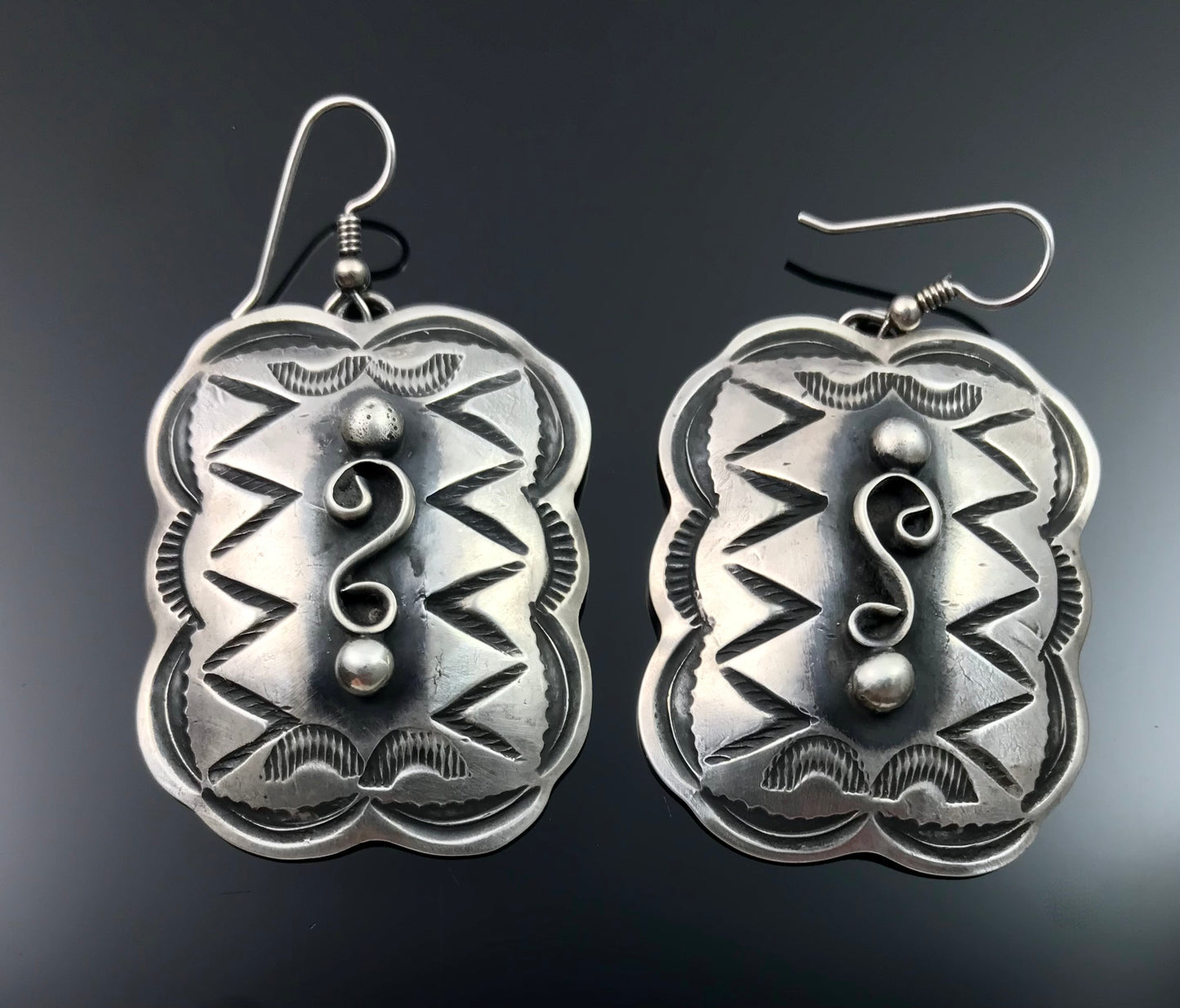 Stamped Concho Earrings Navajo Native American Sterling Silver Signed - Chimney Butte