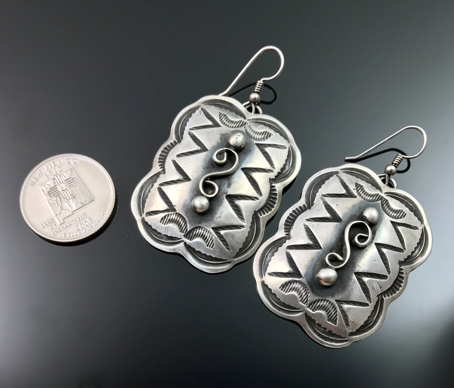 Stamped Concho Earrings Navajo Native American Sterling Silver Signed - Chimney Butte