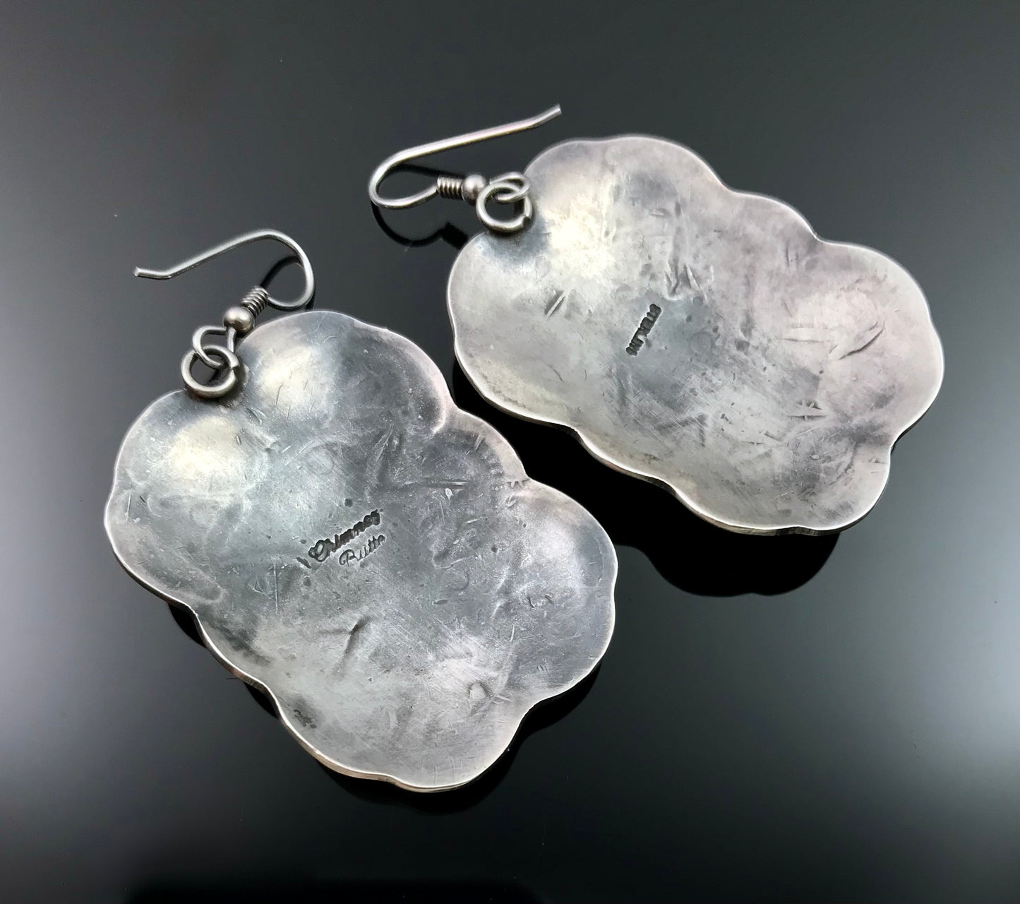 Stamped Concho Earrings Navajo Native American Sterling Silver Signed - Chimney Butte