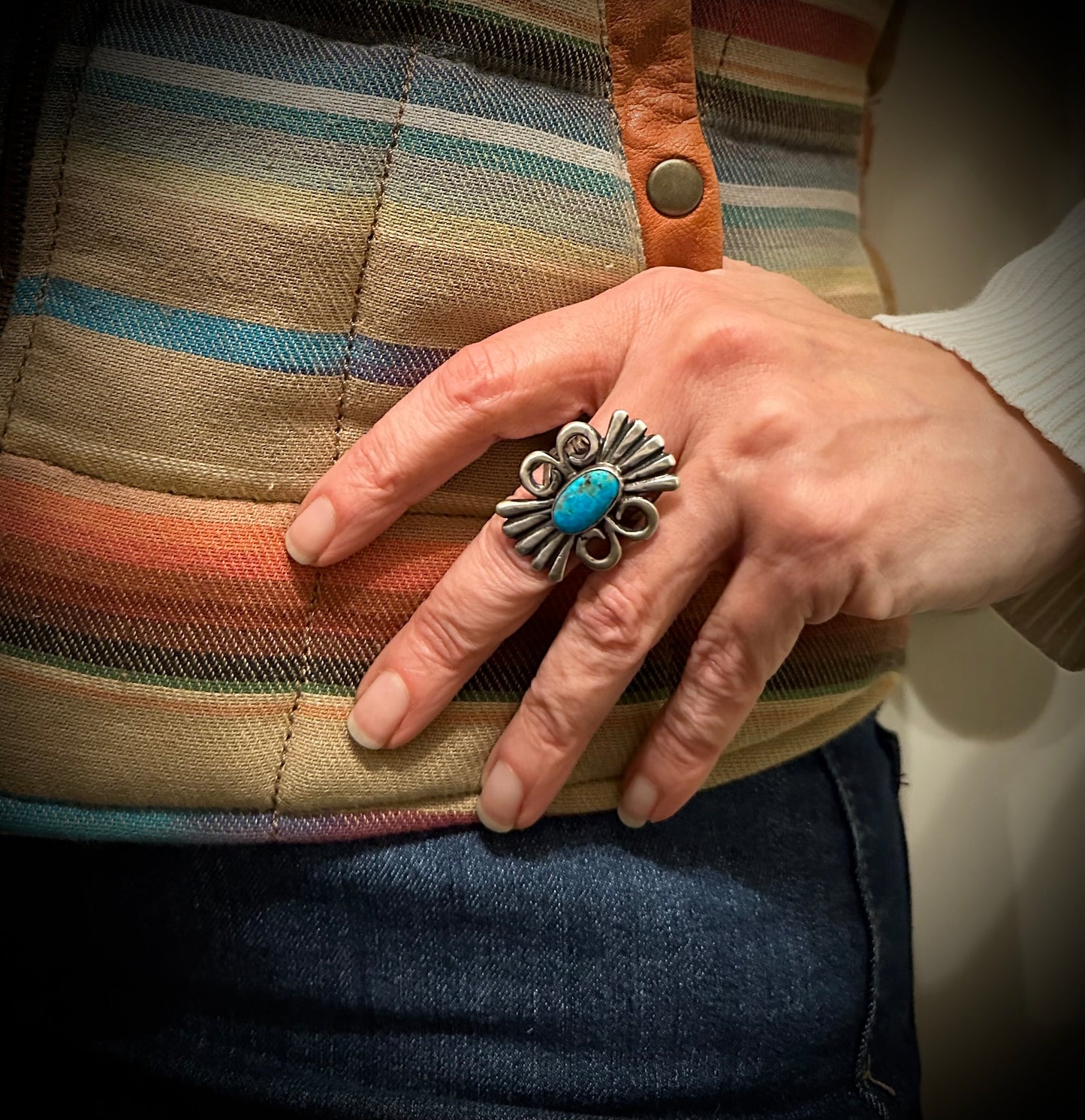 Turquoise Sand Cast Ring Native American Navajo Size 7 - Leroy James