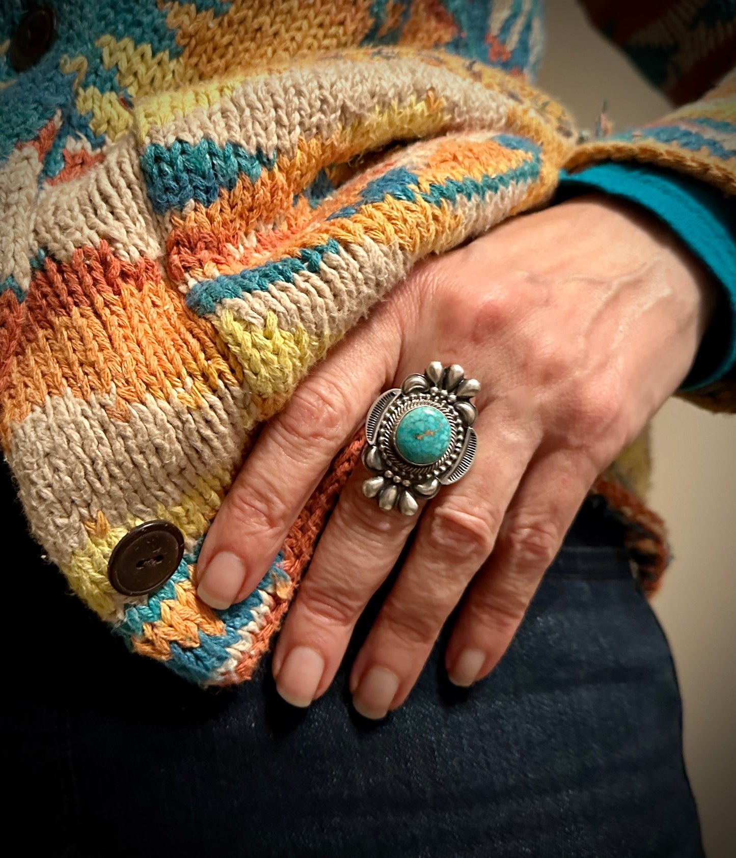 Turquoise Native American Navajo Ring Size 8 Signed - Tom Lewis