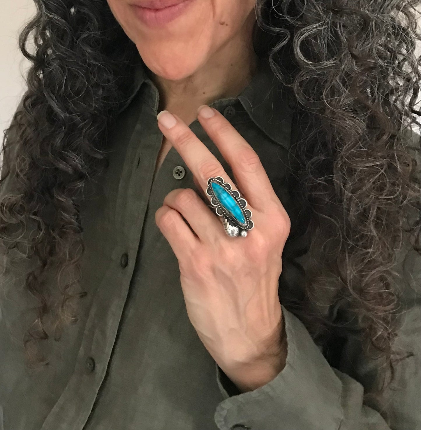 Vintage Long Turquoise Navajo Native American Sterling Silver Ring Size 8 Signed - LD