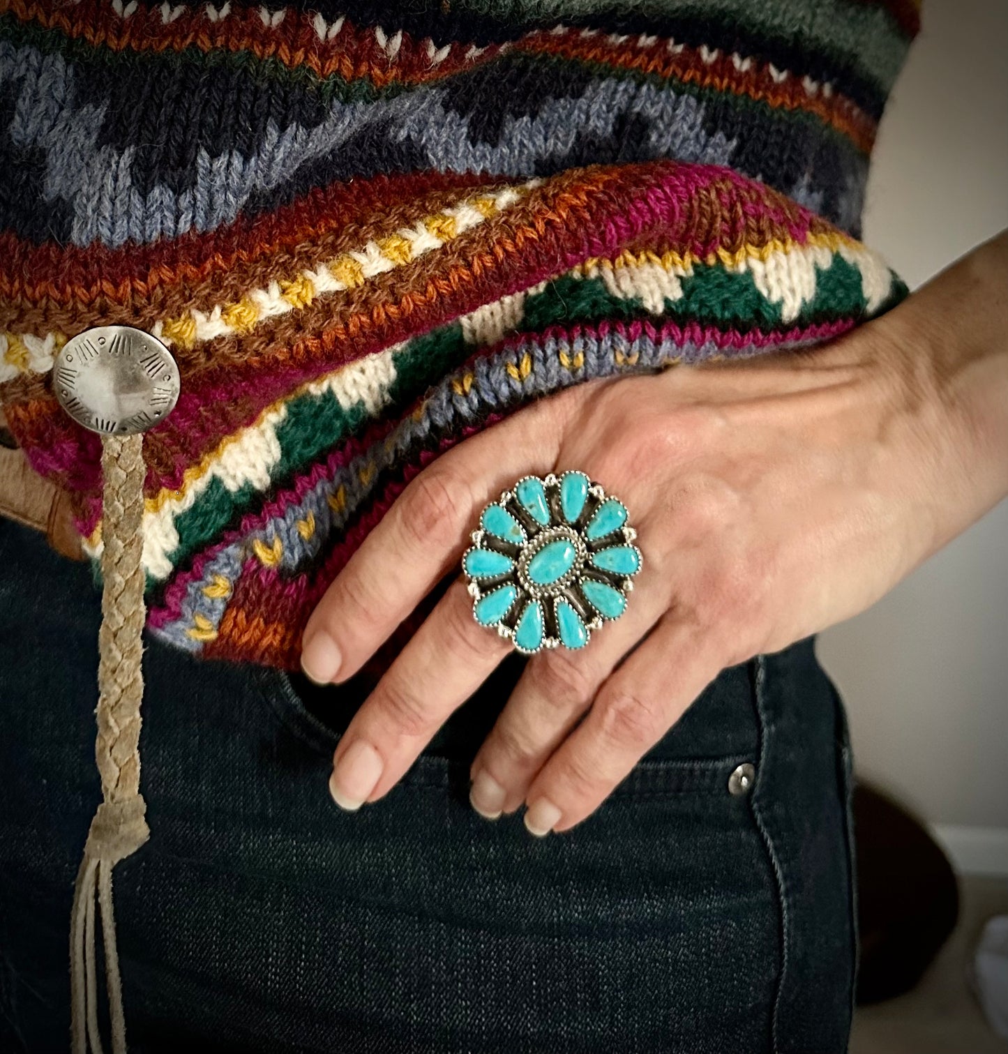 Turquoise Cluster Ring Navajo Native American Size 7 - Mike Platero