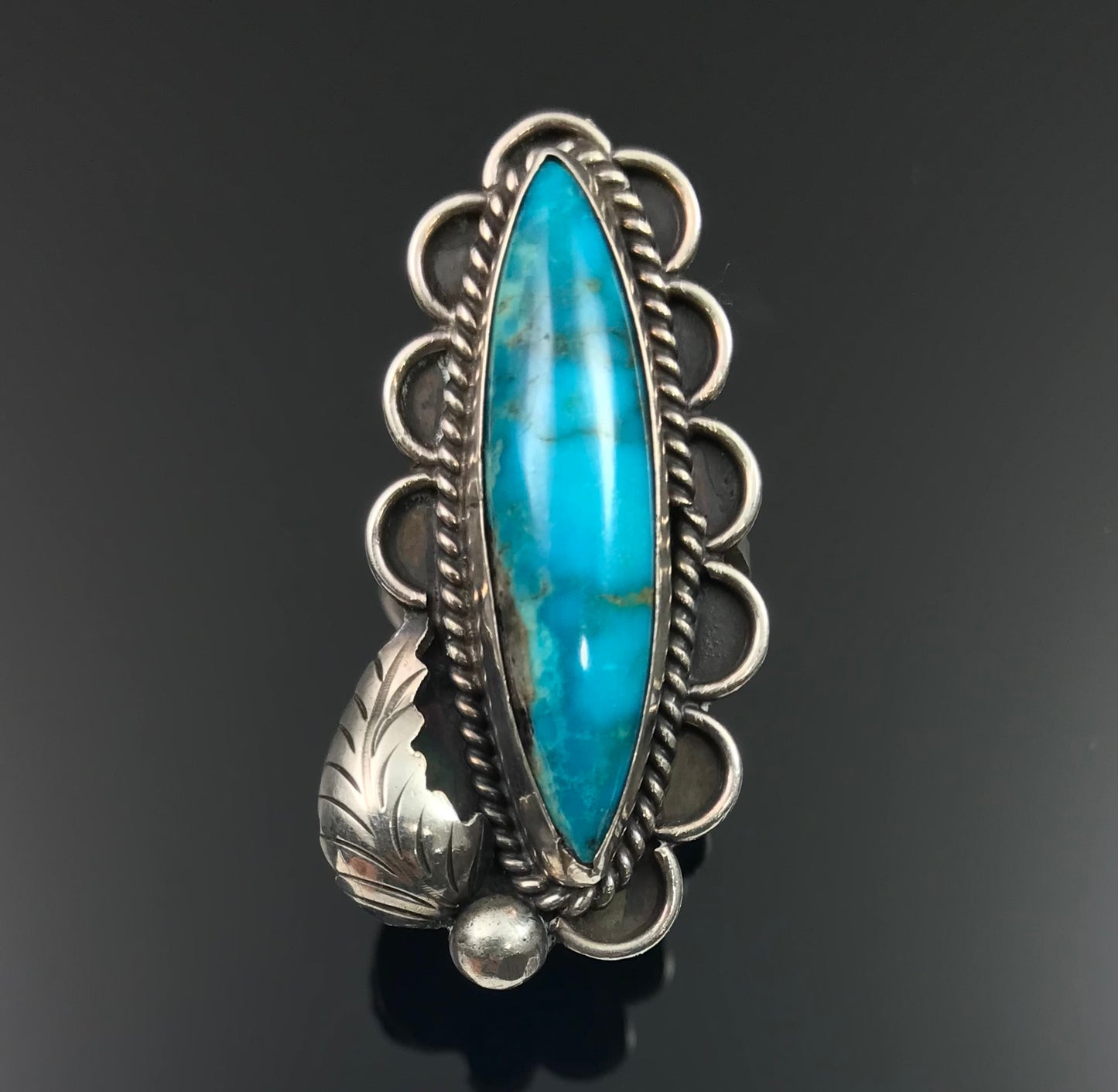 Vintage Long Turquoise Navajo Native American Sterling Silver Ring Size 8 Signed - LD