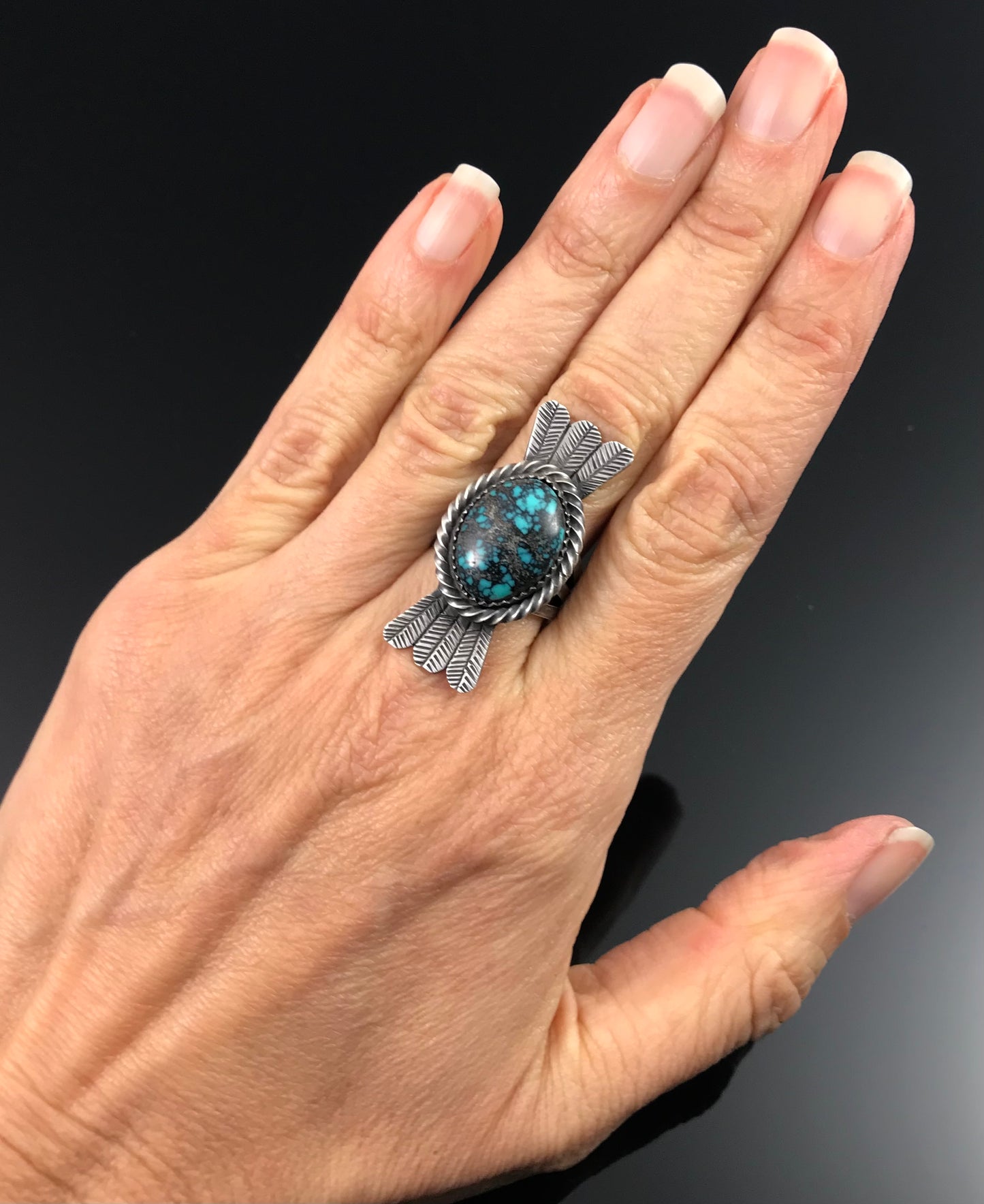 Turquoise & Feathers Native American Navajo Sterling Silver Ring Size 7 3/4 Signed: Melvin Francis
