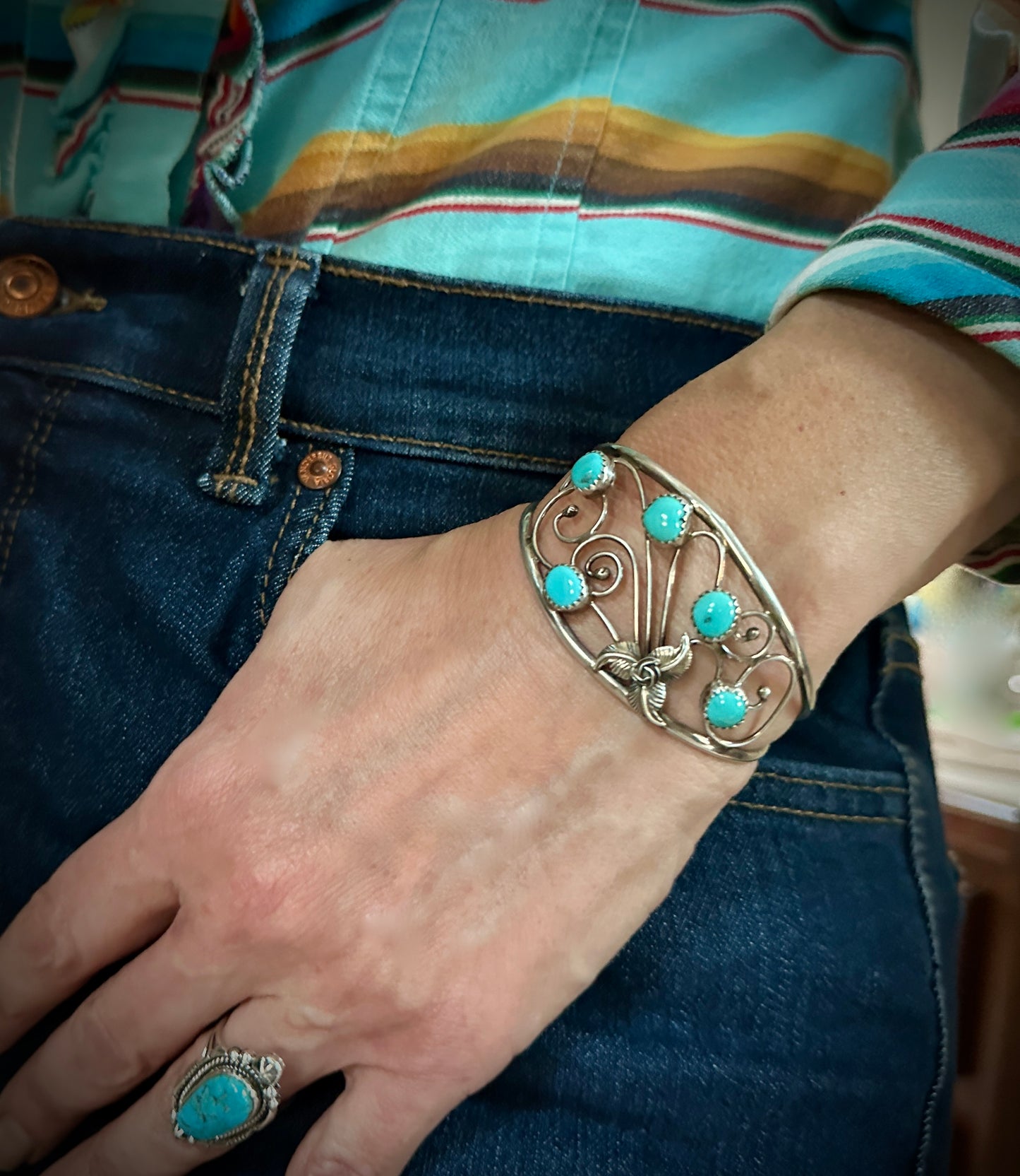 Turquoise on Swirling Wind Native American Navajo Cuff Bracelet and Earrings