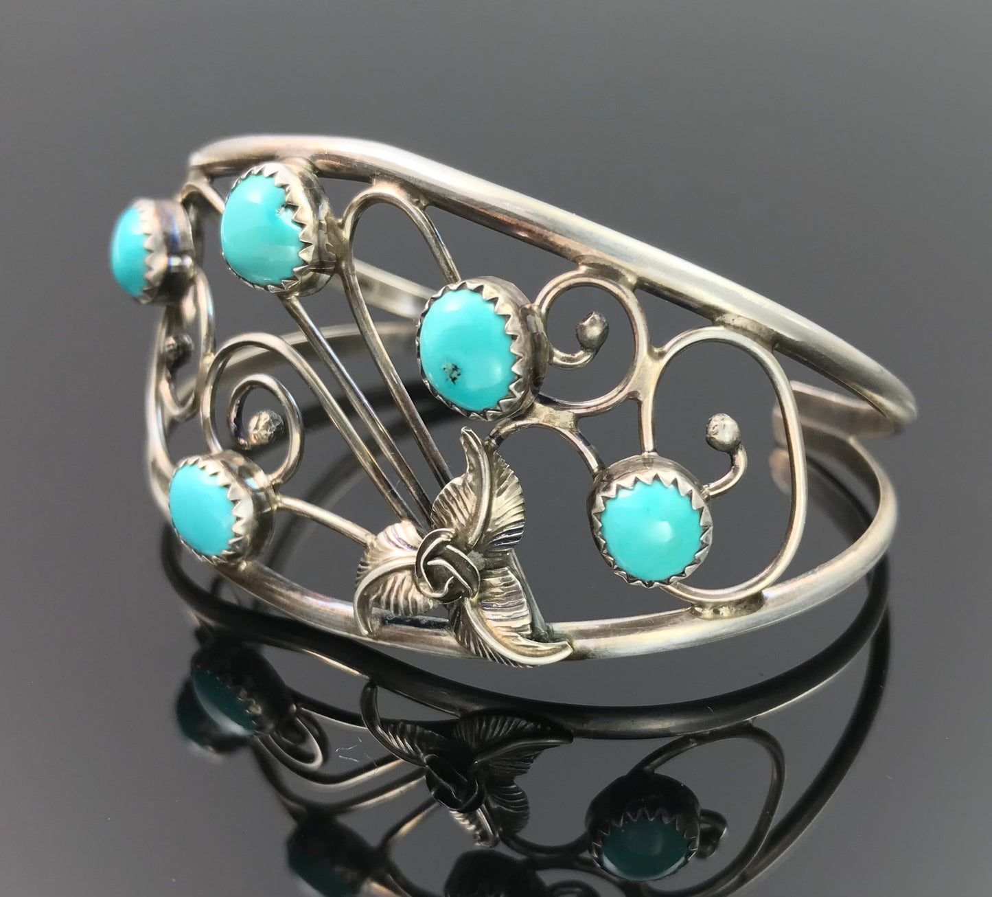Turquoise on Swirling Wind Native American Navajo Cuff Bracelet and Earrings