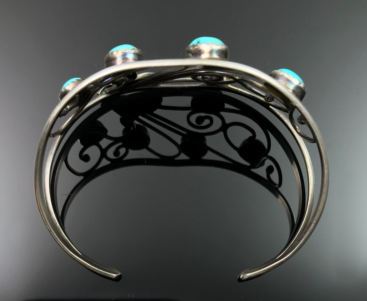 Turquoise on Swirling Wind Native American Navajo Cuff Bracelet and Earrings