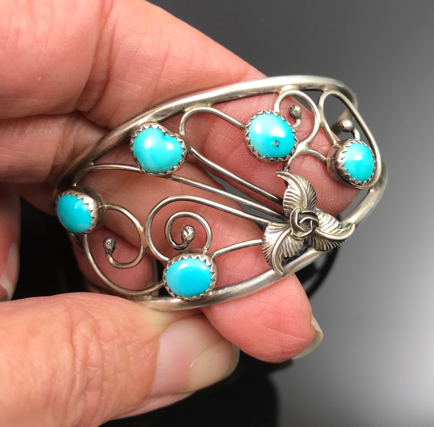 Turquoise on Swirling Wind Native American Navajo Cuff Bracelet and Earrings