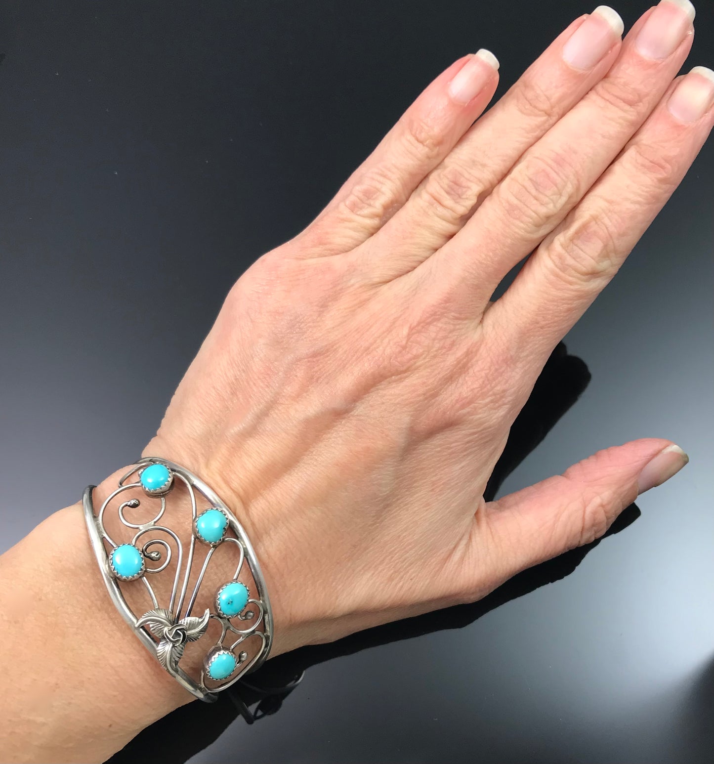 Turquoise on Swirling Wind Native American Navajo Cuff Bracelet and Earrings