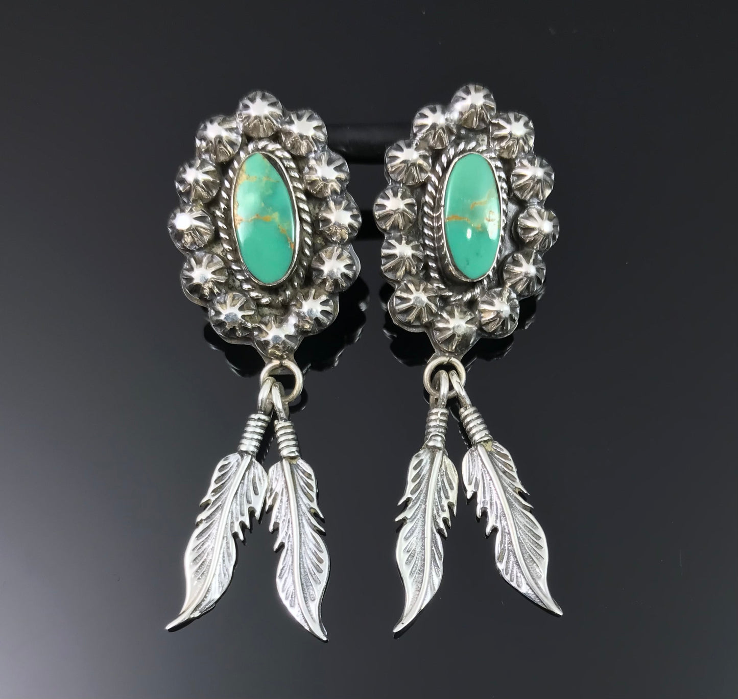 Turquoise, Rosettes & Feathers Earrings Native American Navajo - Greg Yazzie