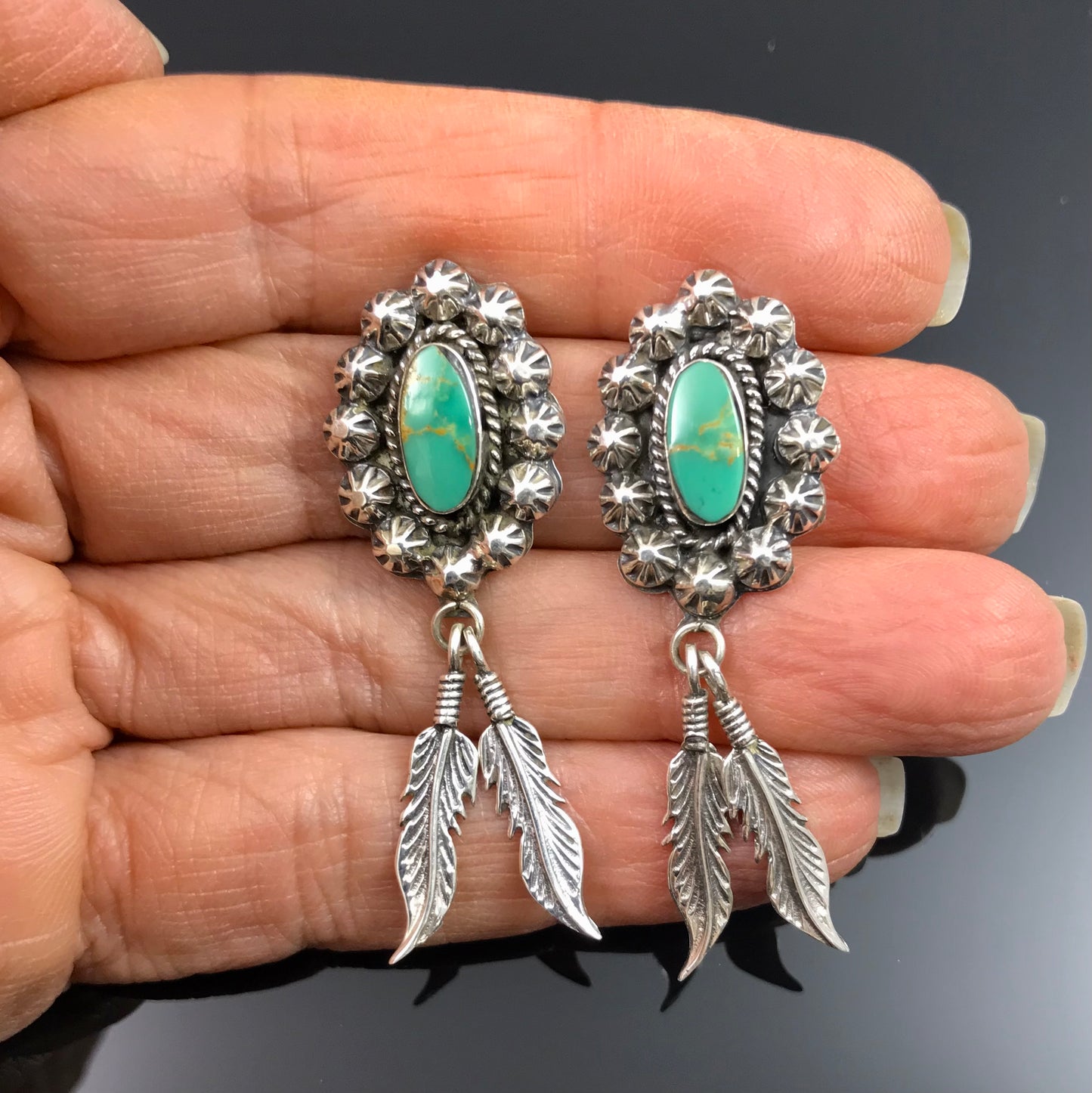 Turquoise, Rosettes & Feathers Earrings Native American Navajo - Greg Yazzie