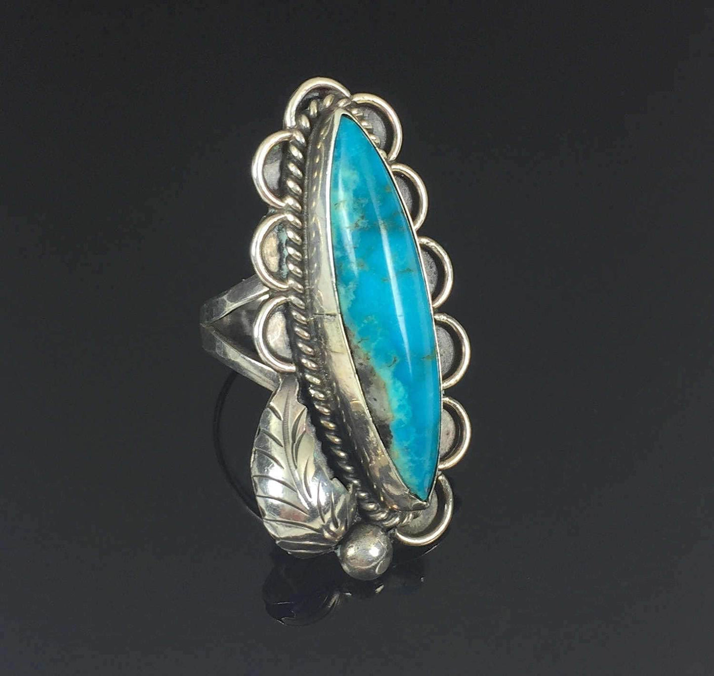 Vintage Long Turquoise Navajo Native American Sterling Silver Ring Size 8 Signed - LD
