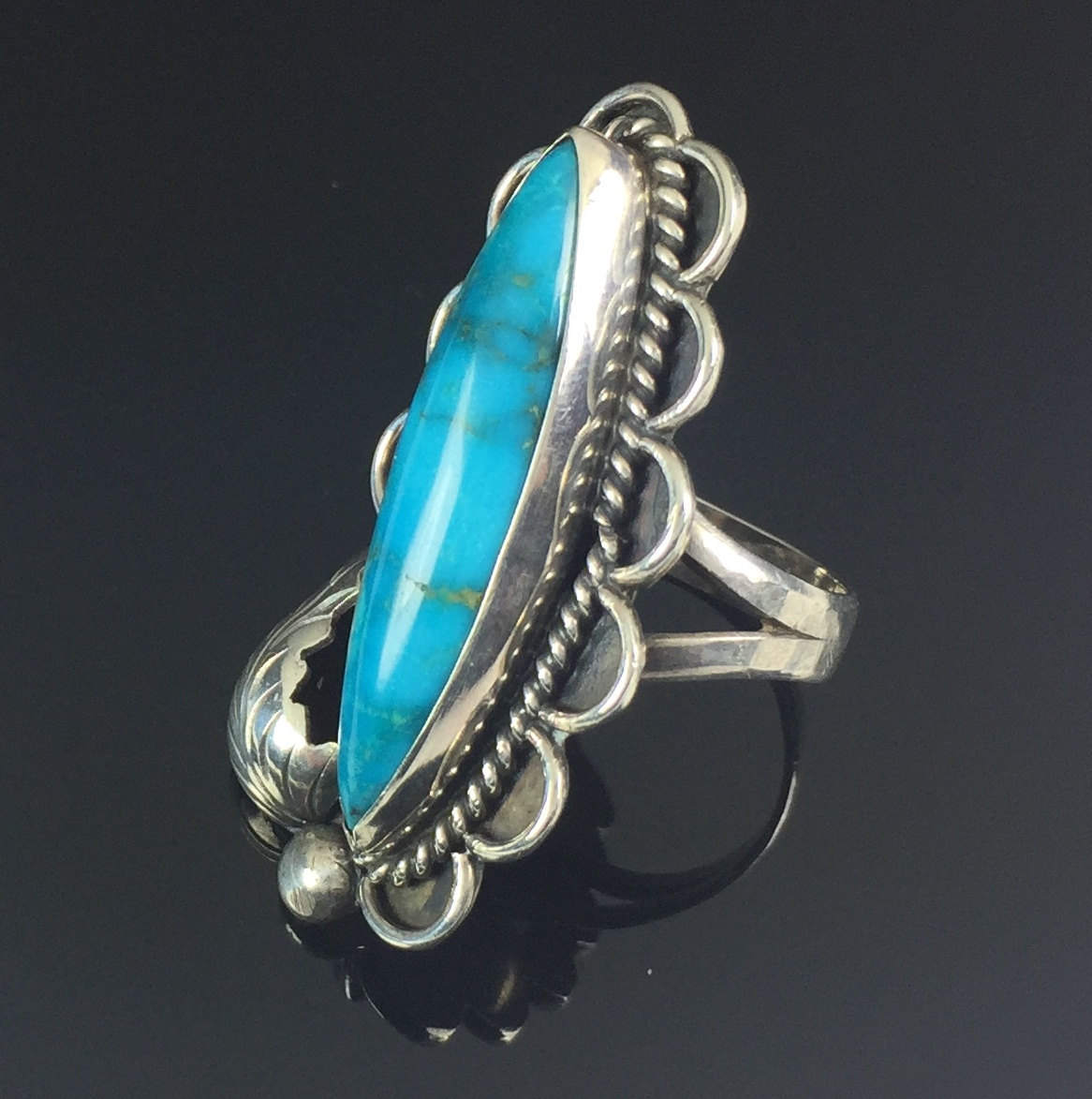 Vintage Long Turquoise Navajo Native American Sterling Silver Ring Size 8 Signed - LD