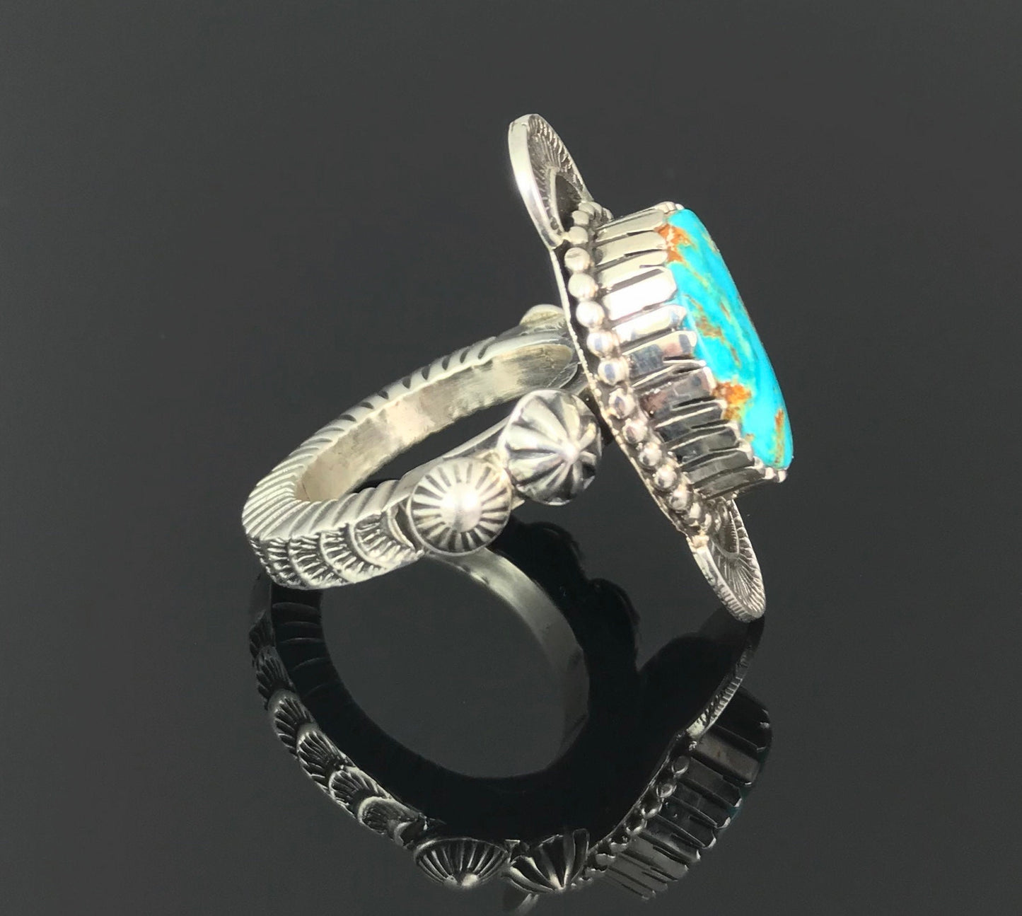 Blue Royston Turquoise Navajo Ring Size 8 3/4 Signed - Floyd Parkhurst