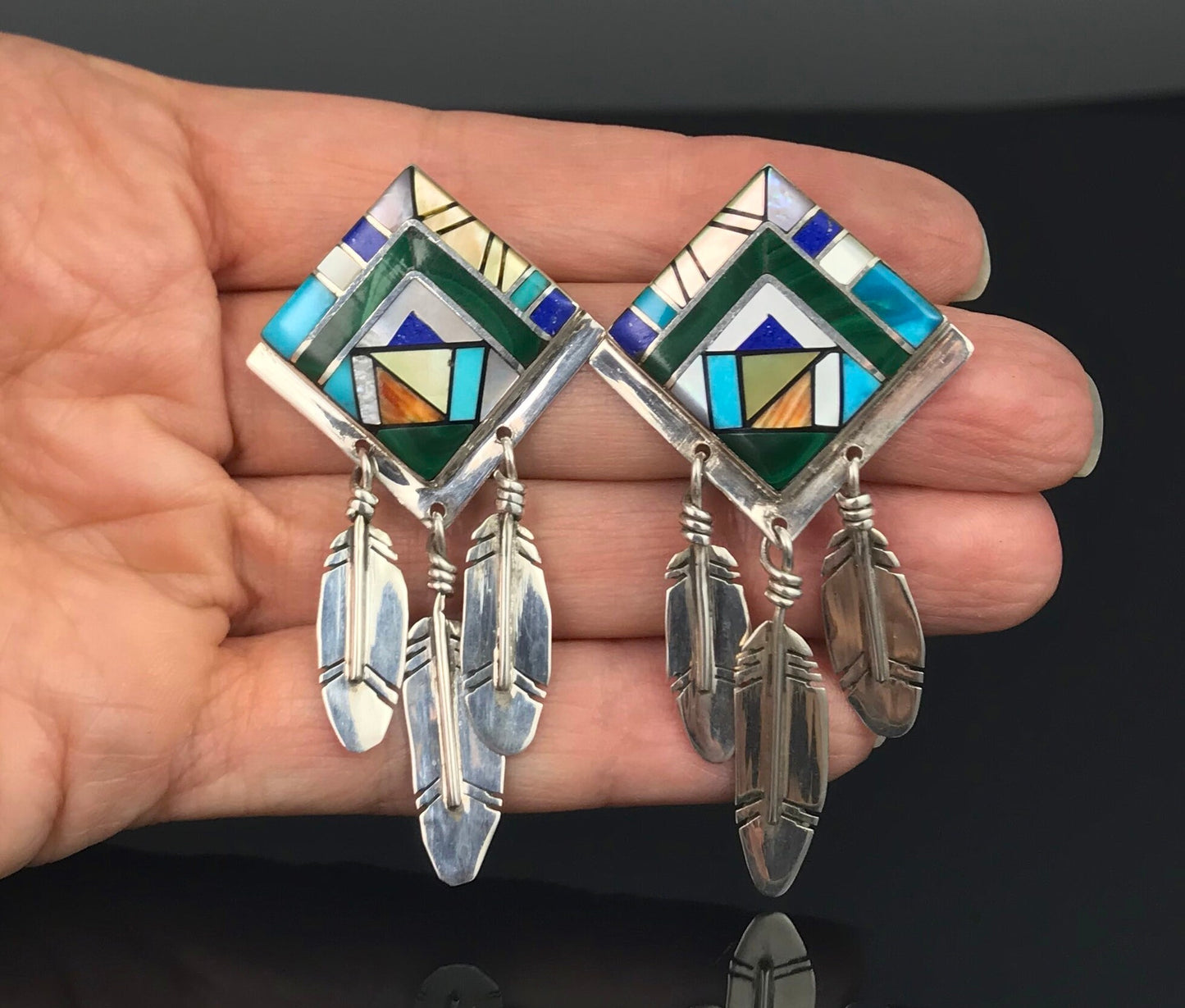 Vintage Inlay Feathers Navajo or Zuni Earrings