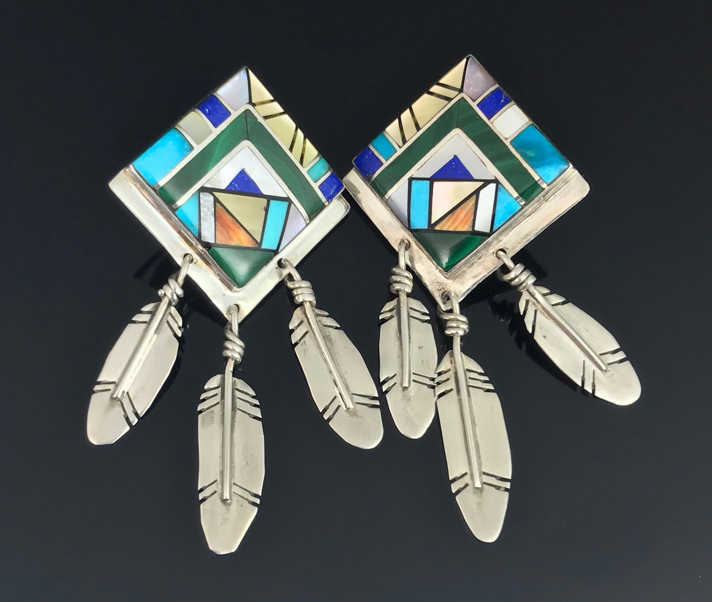 Vintage Inlay Feathers Navajo or Zuni Earrings