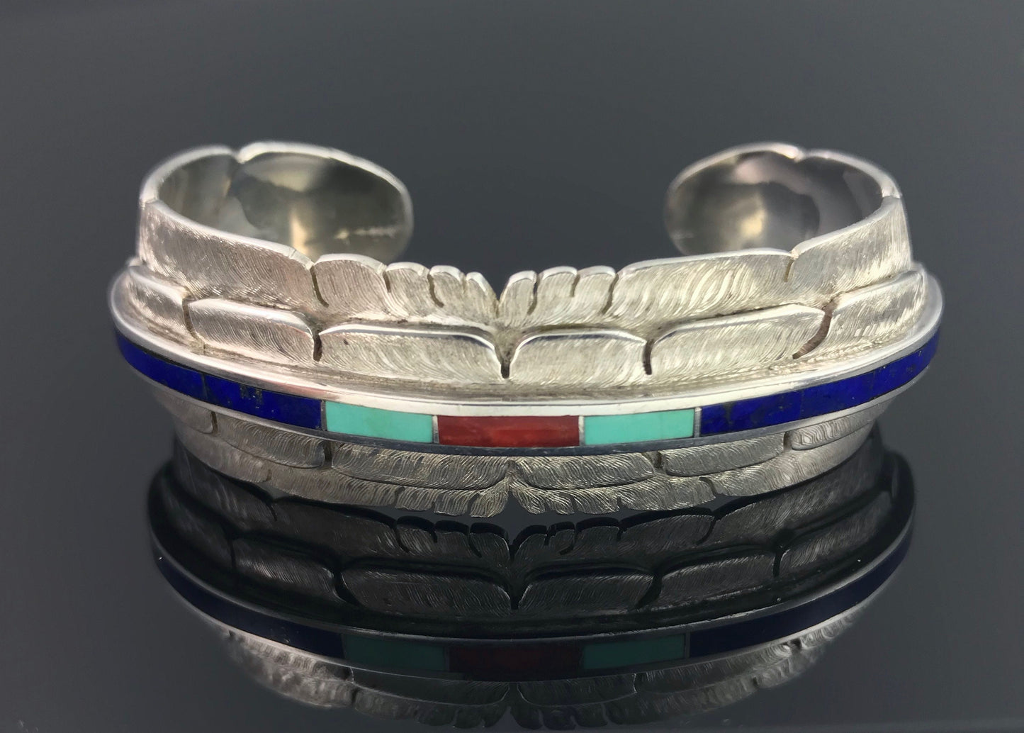 Vintage Inlay Double Feather Cuff Bracelet Turquoise Coral Lapis Signed - Michael Kirk