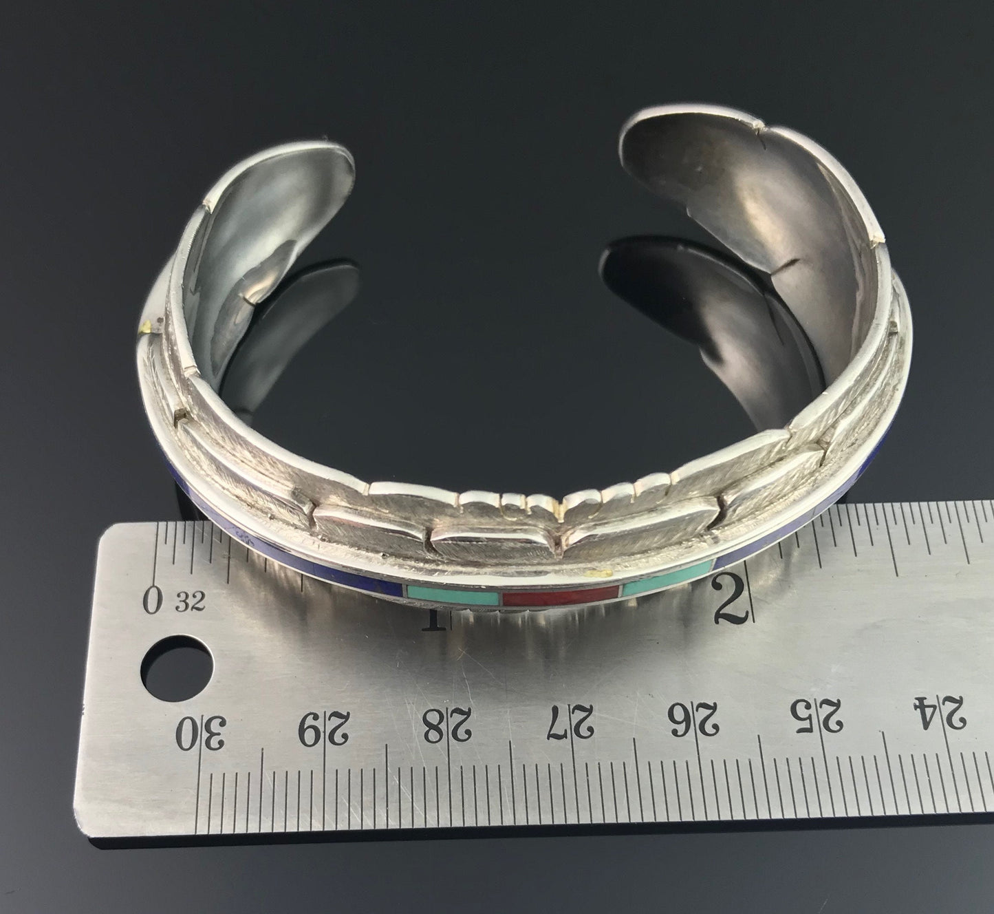 Vintage Inlay Double Feather Cuff Bracelet Turquoise Coral Lapis Signed - Michael Kirk