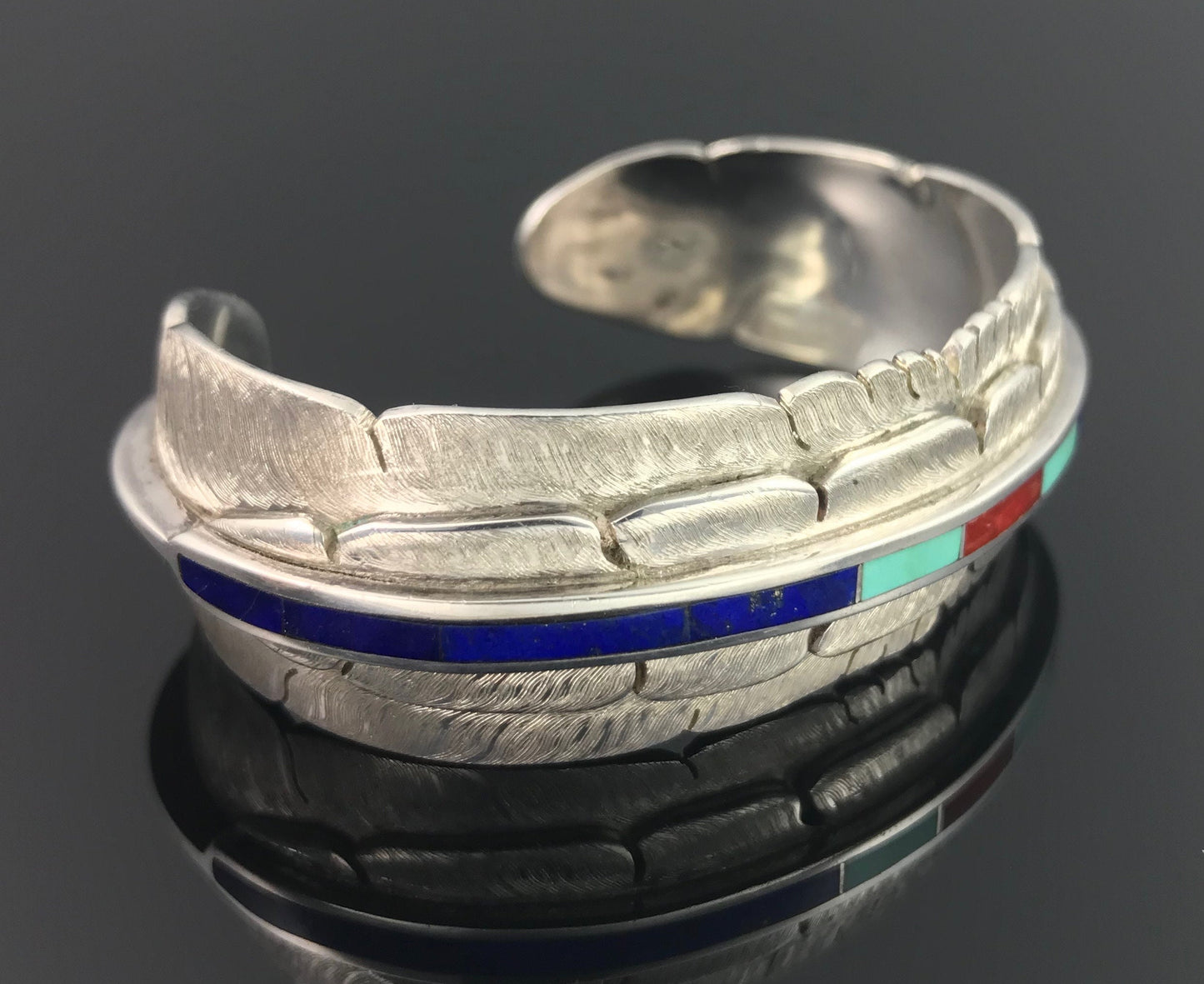 Vintage Inlay Double Feather Cuff Bracelet Turquoise Coral Lapis Signed - Michael Kirk