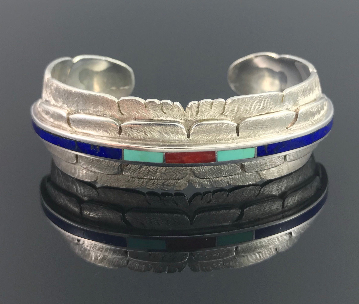 Vintage Inlay Double Feather Cuff Bracelet Turquoise Coral Lapis Signed - Michael Kirk