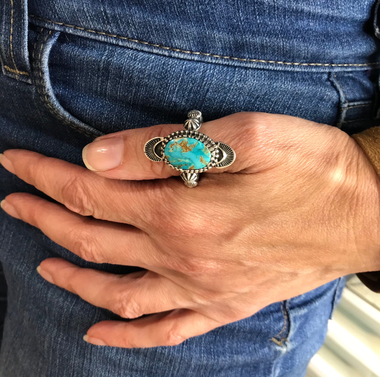 Blue Royston Turquoise Navajo Ring Size 8 3/4 Signed - Floyd Parkhurst