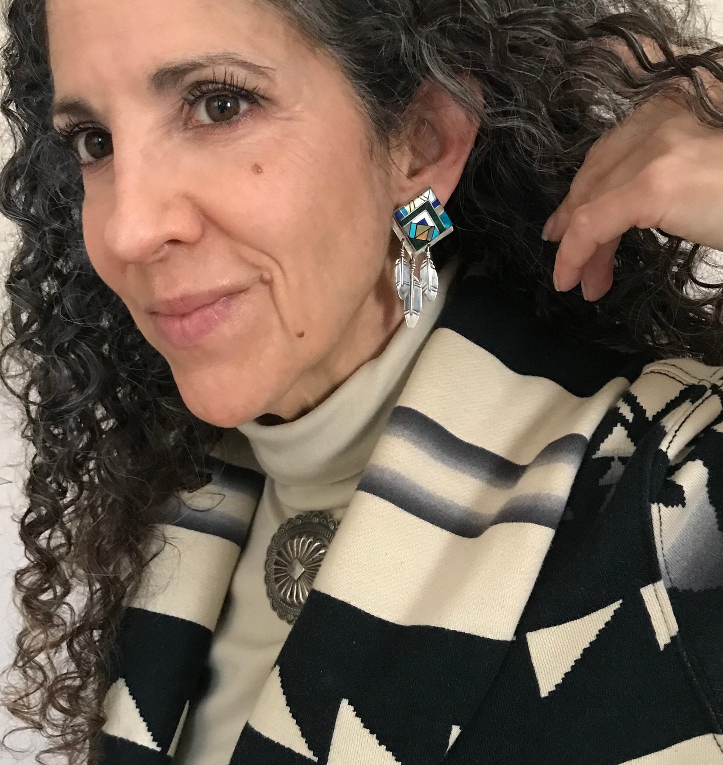 Vintage Inlay Feathers Navajo or Zuni Earrings