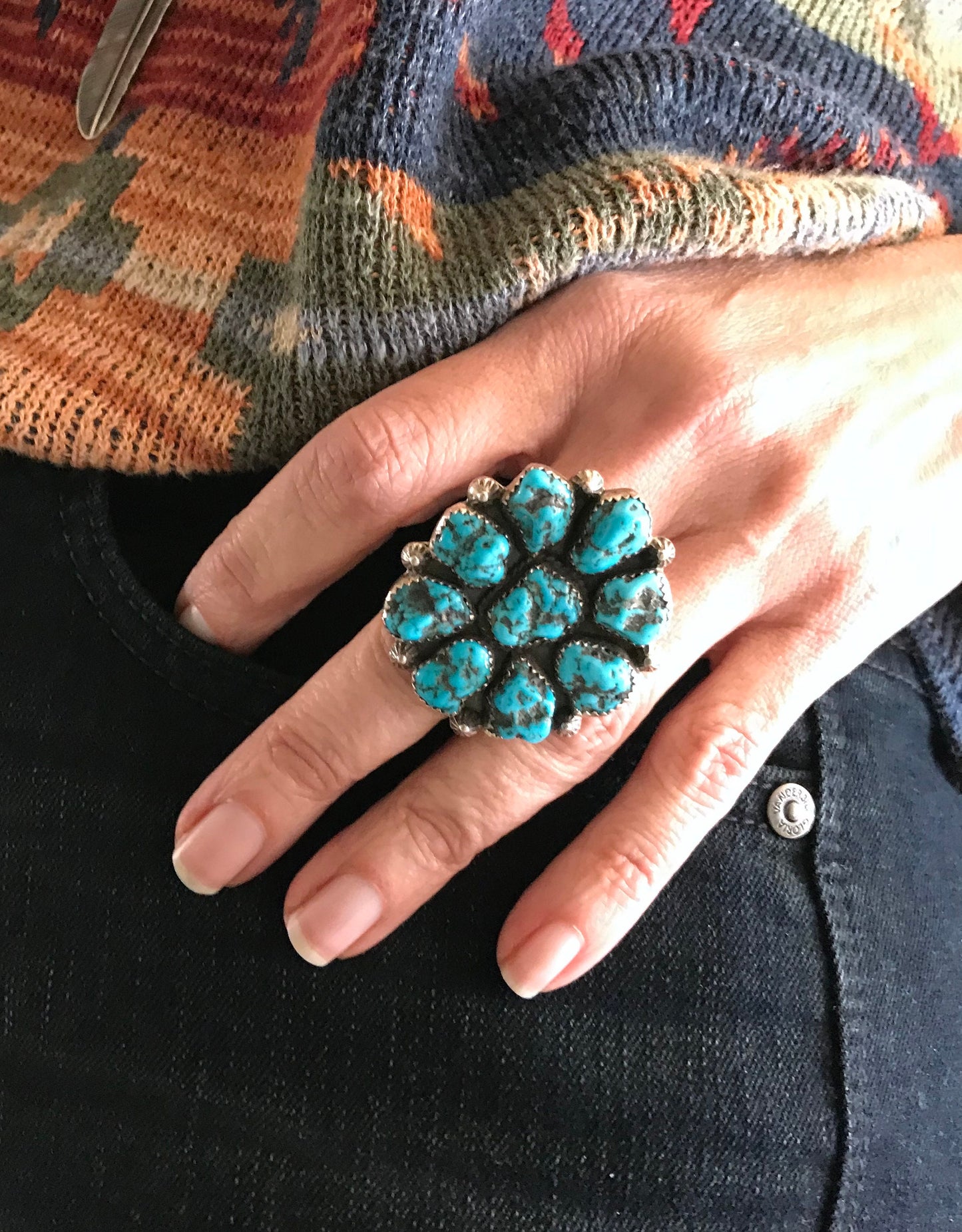 Sleeping Beauty Turquoise Nugget Cluster Ring Navajo Adjustable Size Signed - Arnold Goodluck