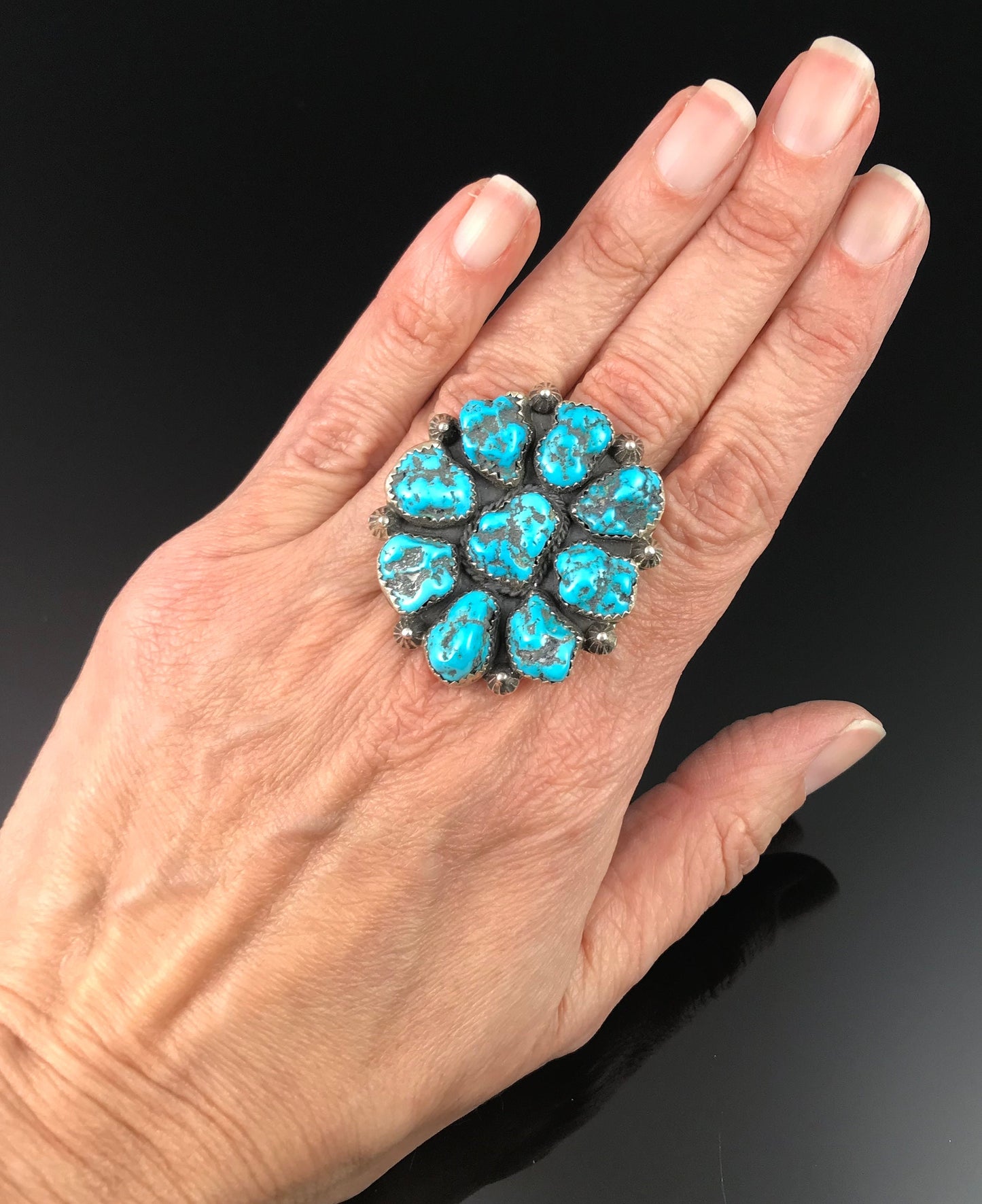 Sleeping Beauty Turquoise Nugget Cluster Ring Navajo Adjustable Size Signed - Arnold Goodluck
