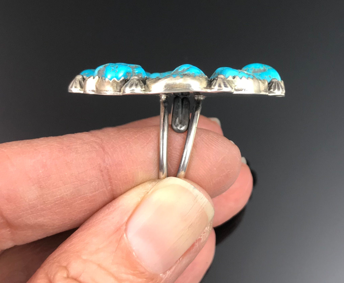 Sleeping Beauty Turquoise Nugget Cluster Ring Navajo Adjustable Size Signed - Arnold Goodluck