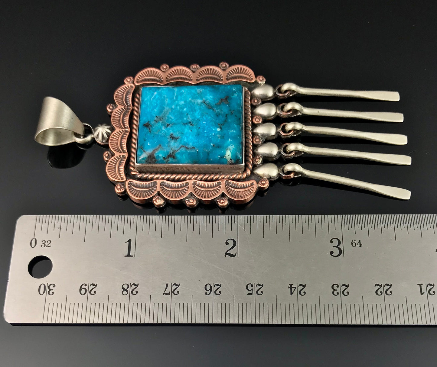 Vintage Large Turquoise Navajo Pendant Sterling Silver and Copper Signed - Running Bear