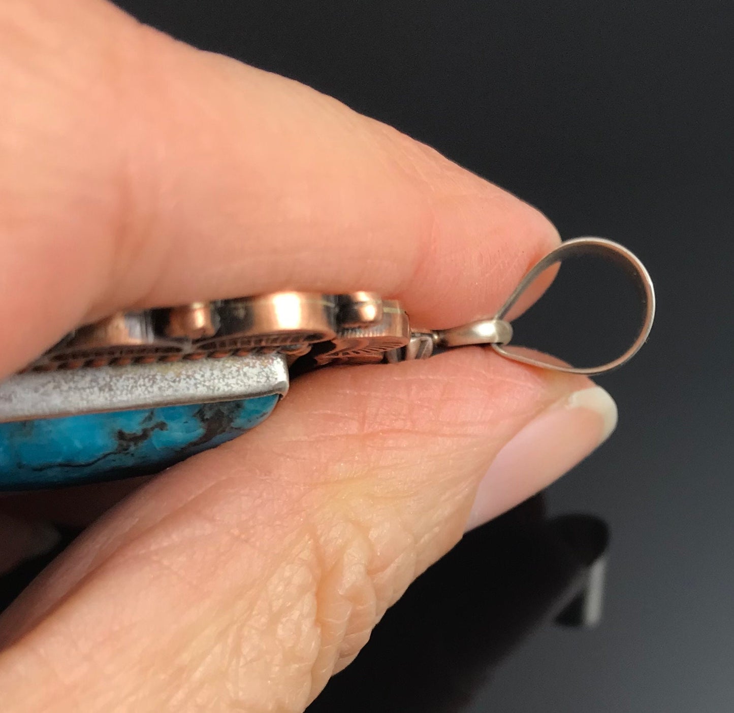 Vintage Large Turquoise Navajo Pendant Sterling Silver and Copper Signed - Running Bear