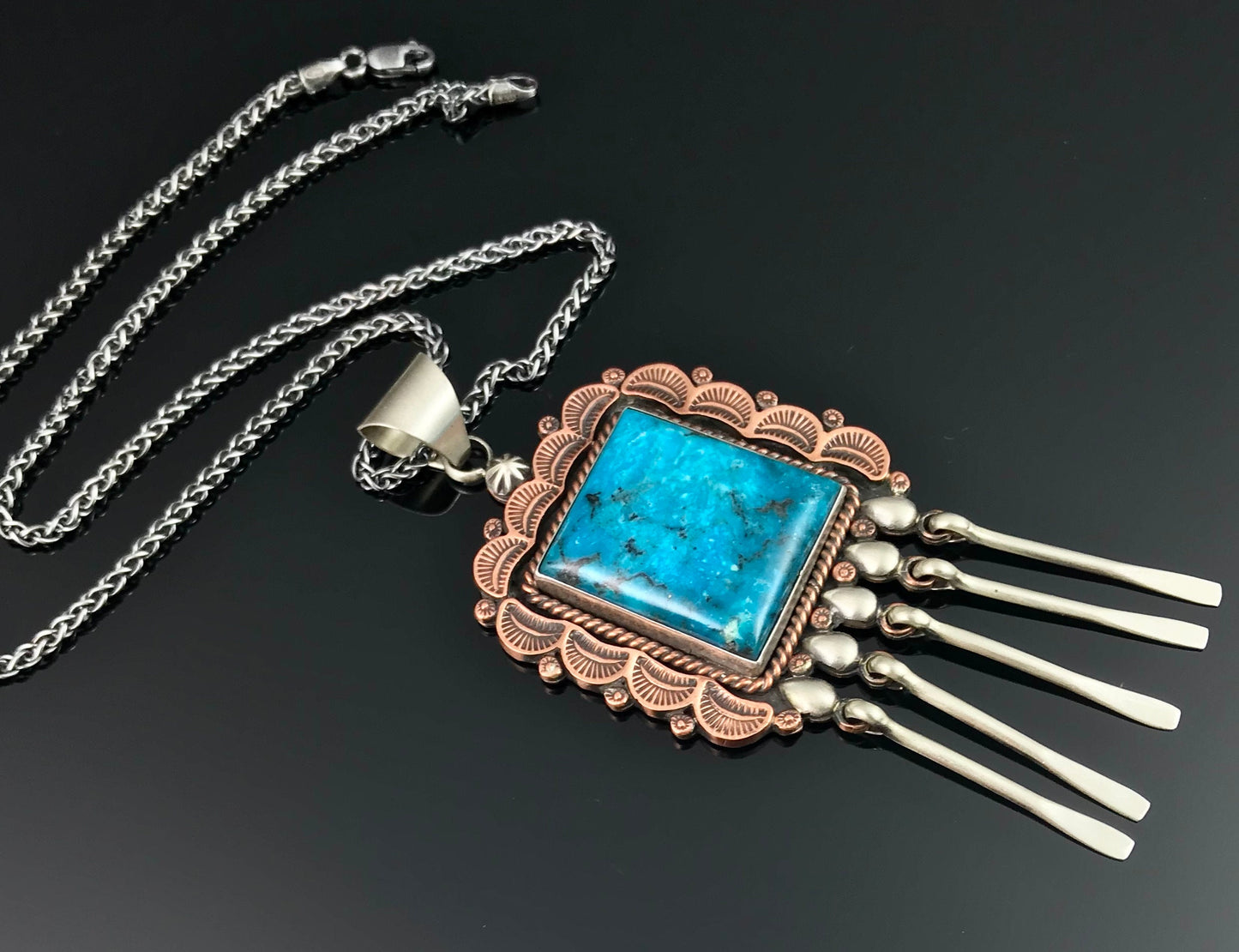 Vintage Large Turquoise Navajo Pendant Sterling Silver and Copper Signed - Running Bear
