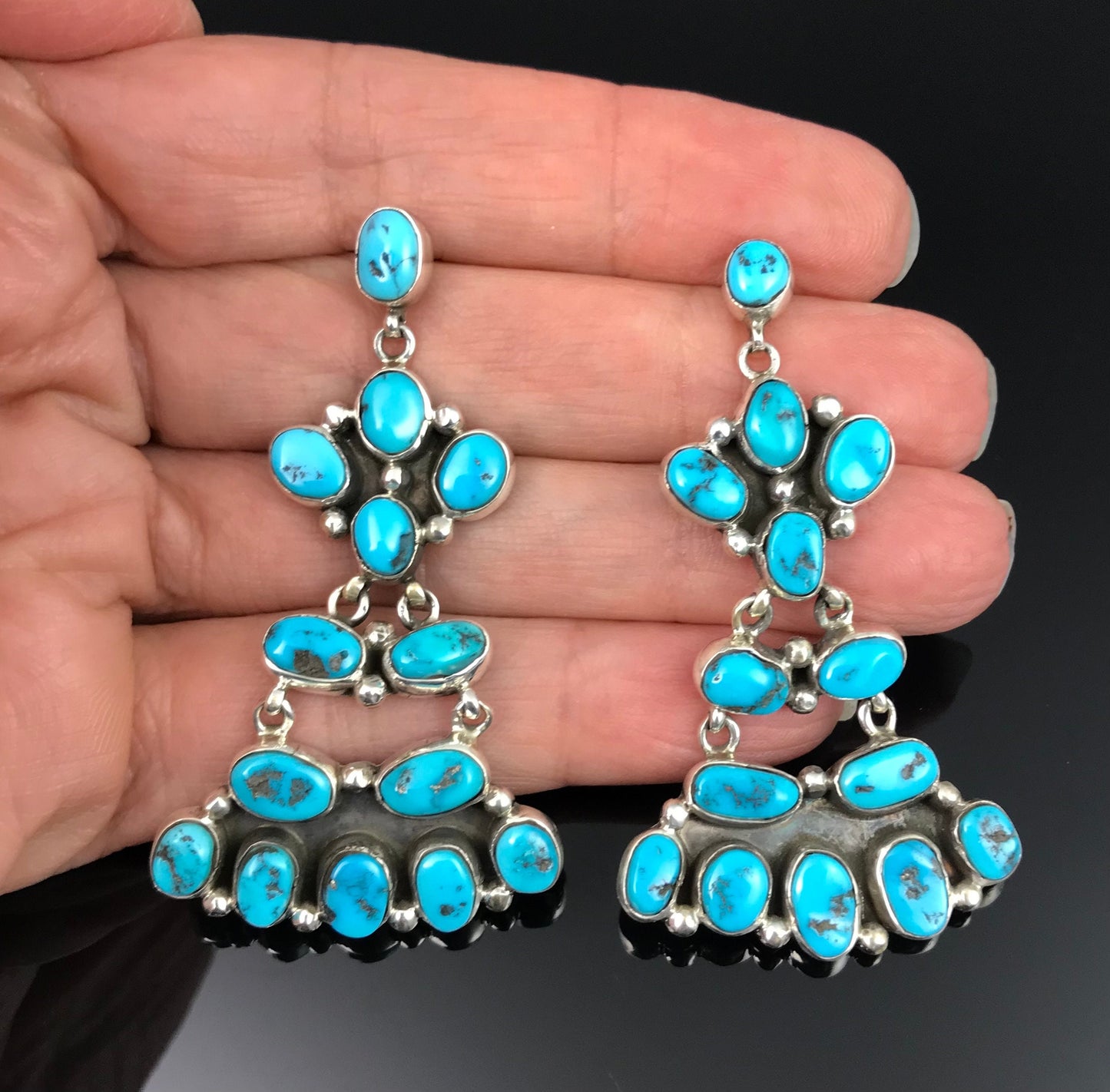 Sleeping Beauty Turquoise Navajo Cluster Dangle Earrings Signed - Francis