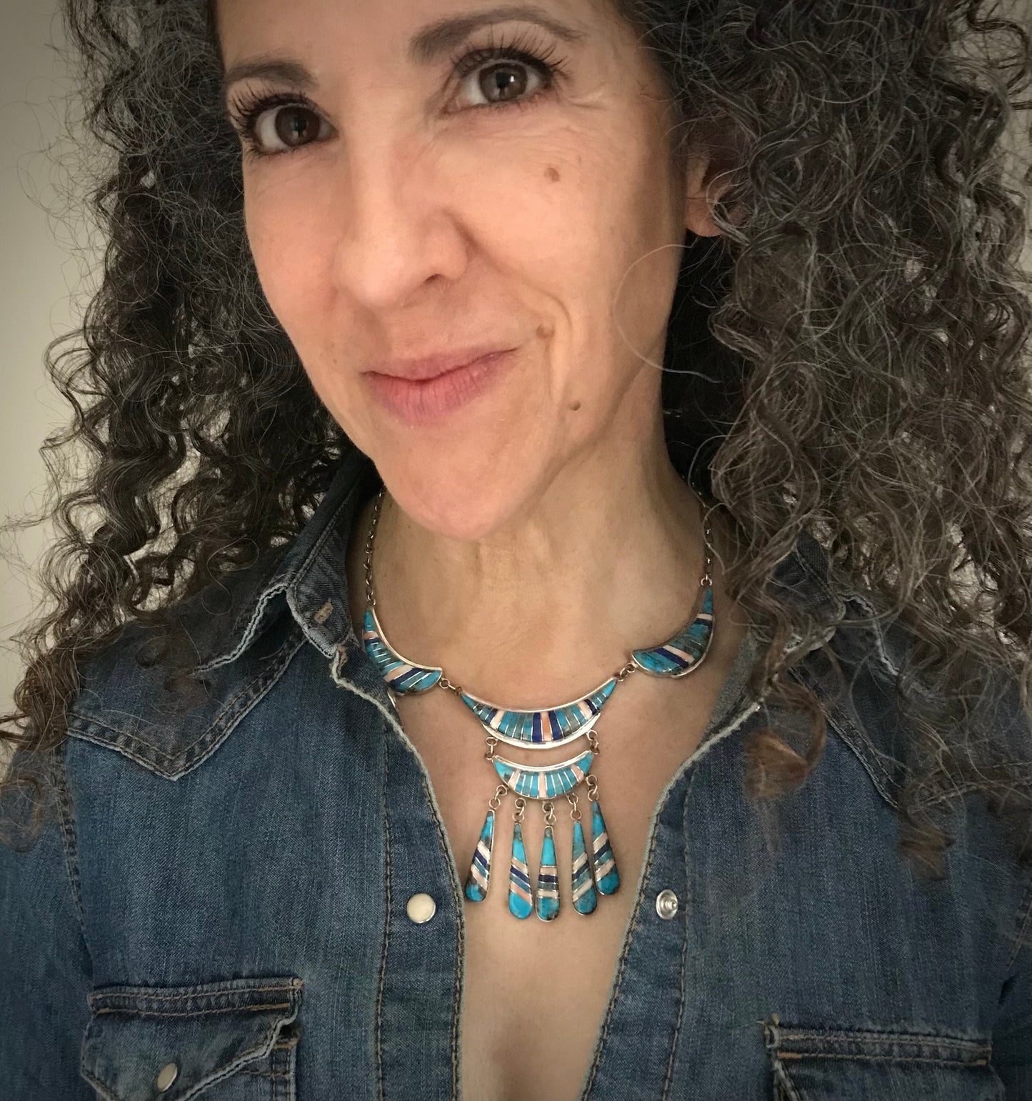 Spectacular! Vintage Inlay Necklace Zuni or Navajo Turquoise Signed