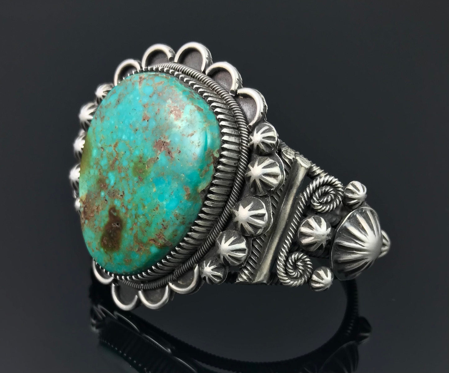 Elaborate Traditional Turquoise Navajo Cuff Bracelet Signed - Richard Jim