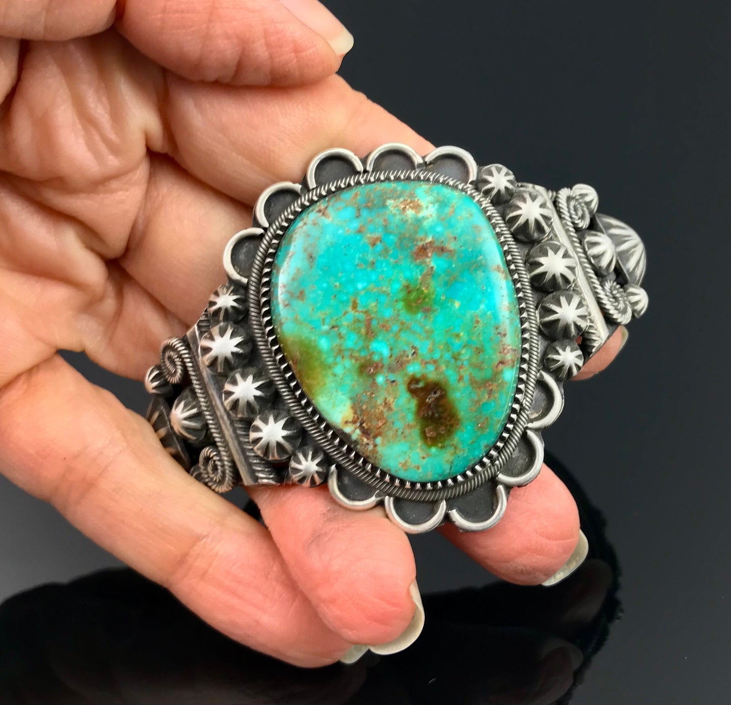 Elaborate Traditional Turquoise Navajo Cuff Bracelet Signed - Richard Jim