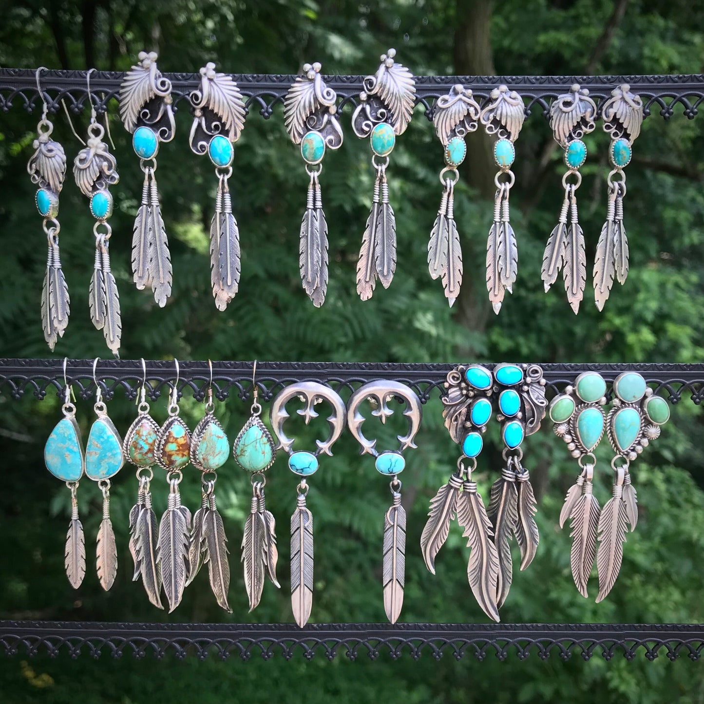 Turquoise, Rosettes & Feathers Earrings Native American Navajo - Greg Yazzie